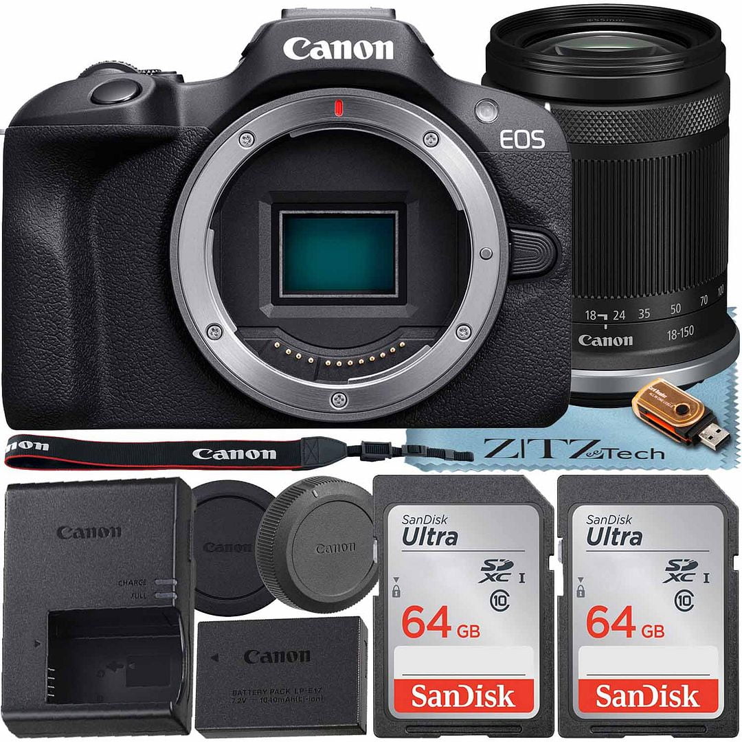 Canon EOS R100 Mirrorless Camera with RF-S 18-150mm f/3.5-6.3 IS STM Lens + 2 Pack SanDisk 64GB Memory Card + ZeeTech Accessory Bundle