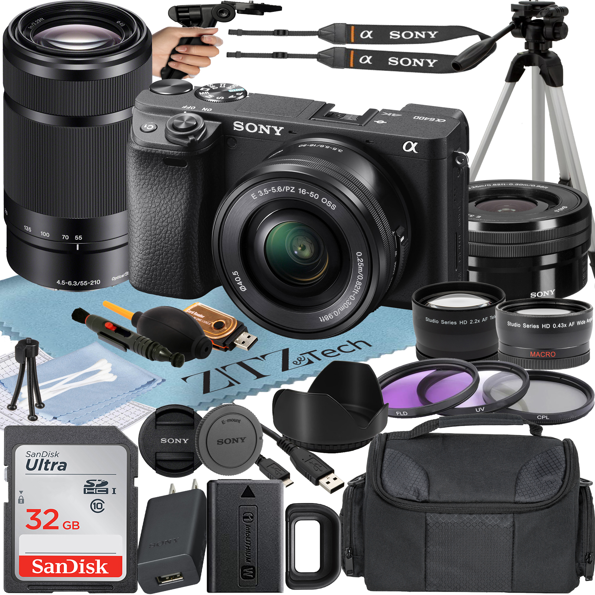 Sony Alpha a6400 Mirrorless Digital Camera with E PZ 16-50mm + E 55-210mm OSS Lens + SanDisk 32GB Card + Telephoto + ZeeTech Accessory Bundle