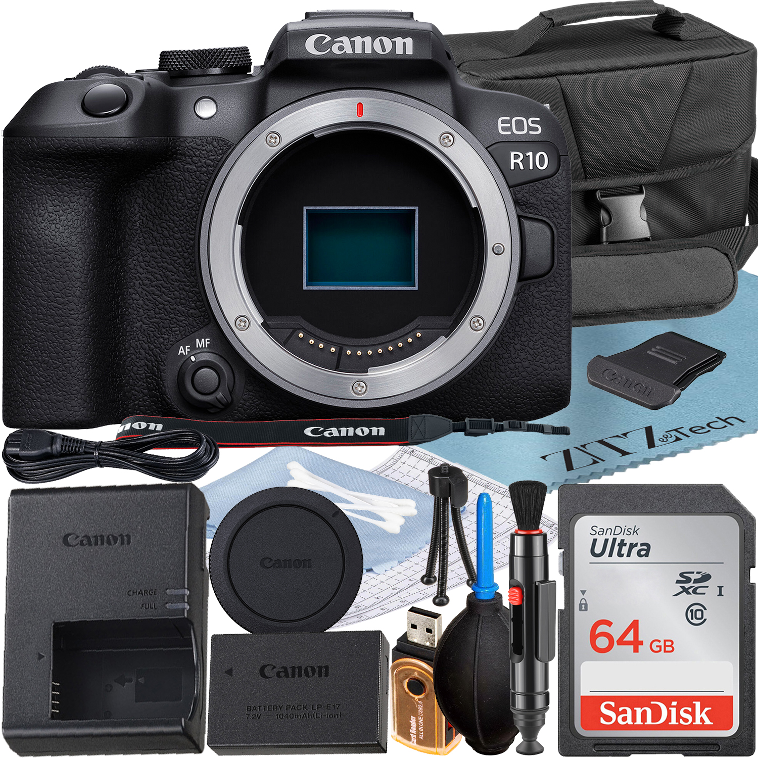Canon EOS R10 Mirrorless Camera (Body) with 4K Video + SanDisk 64GB Memory Card + Case + ZeeTech Accessory Bundle