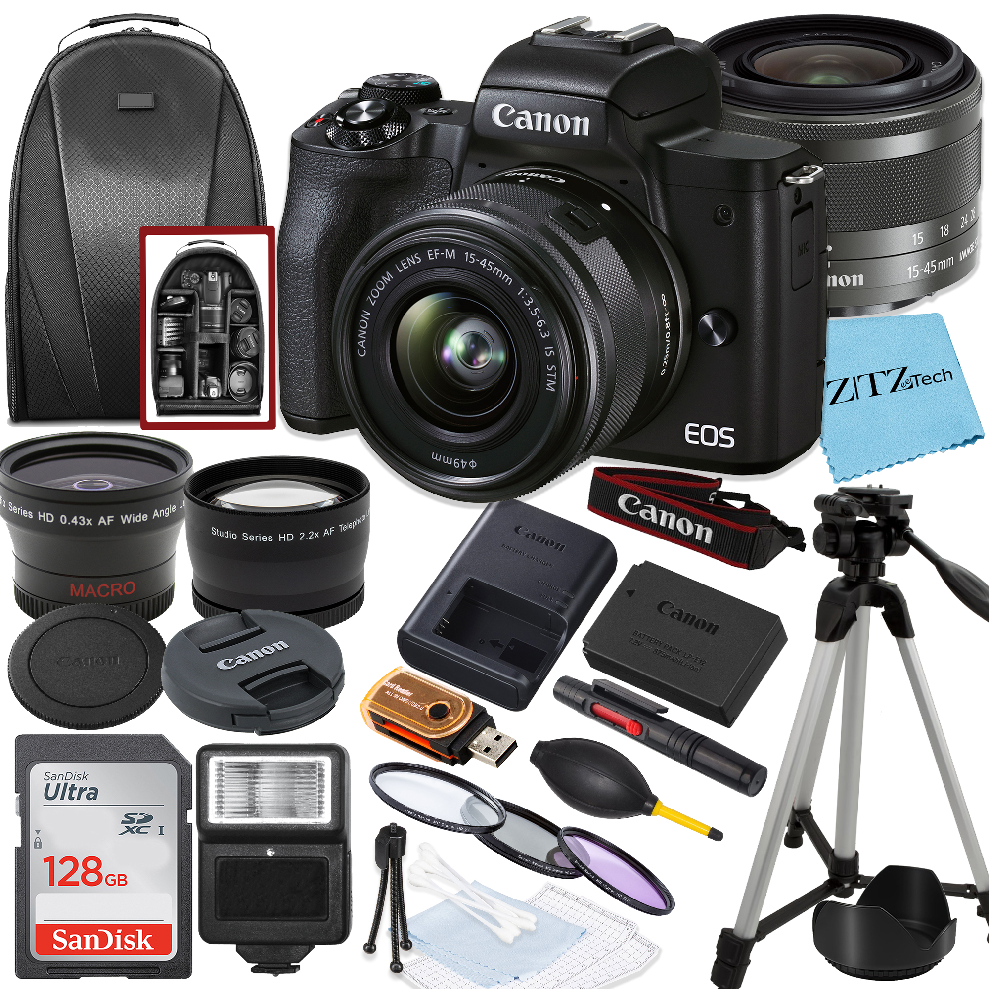 Canon EOS M50 Mark II Mirrorless Camera Bundle with 15-45mm Lens, SanDisk 128GB Memory Card, Tripod, Flash, Backpack and ZeeTech Accessory Bundle