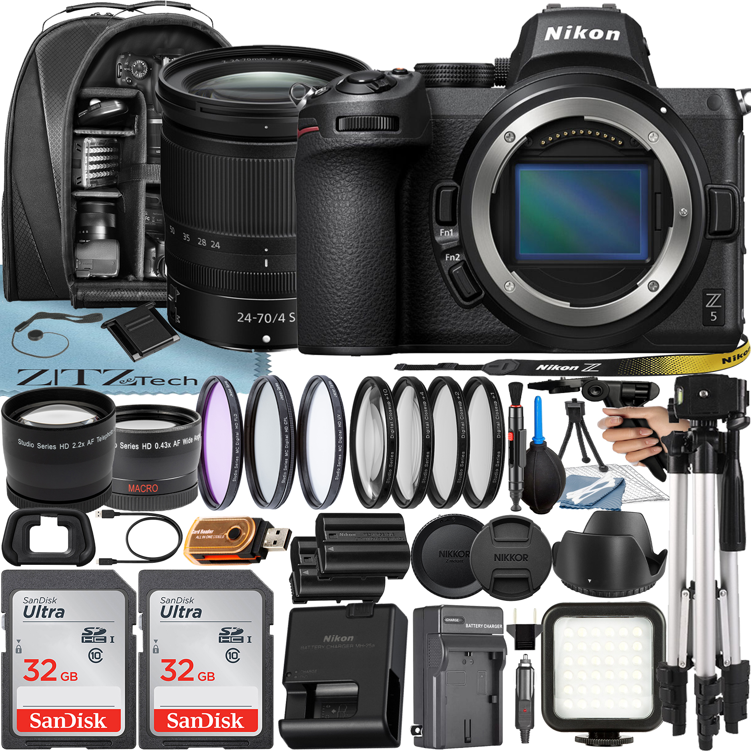 Nikon Z5 Mirrorless Camera with NIKKOR Z 24-70mm f/4 S Lens + 2 Pack 32GB SanDisk Card + Case + Tripod + ZeeTech Accessory Bundle