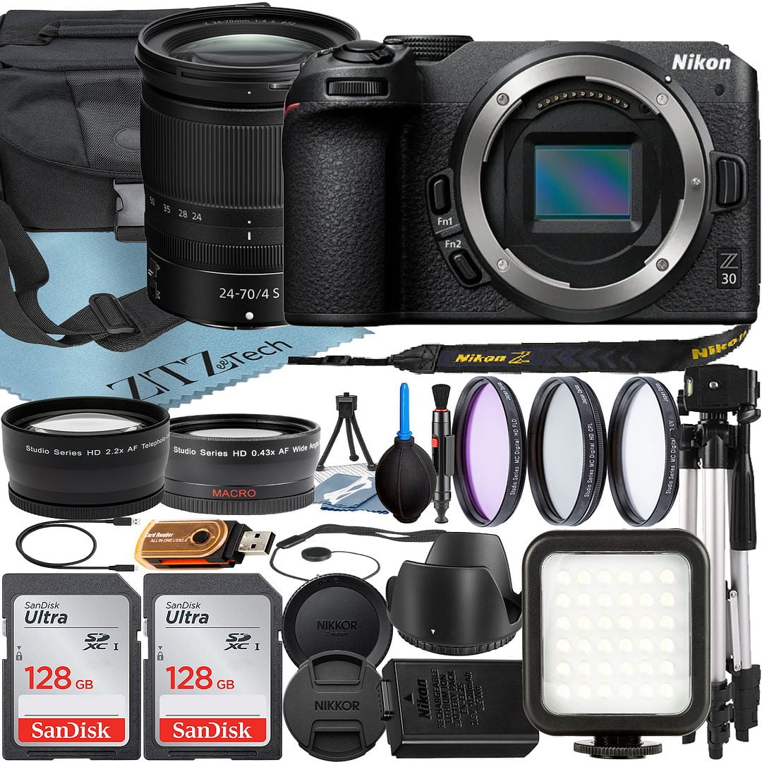 Nikon Z30 Mirrorless Camera with NIKKOR Z 24-70mm f/4 S Lens + SanDisk 128GB Card + Case + Wideangle + Tripod + ZeeTech Accessory Bundle