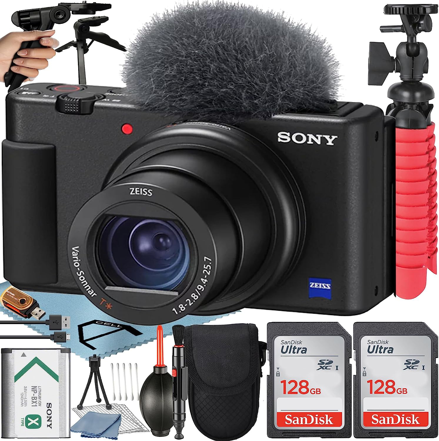 Sony ZV-1 Compact Digital Camera For Content Creators 4K HDR Video with Wind Screen + 2 Pack 128GB Memory Card + Case + Tripod + ZeeTech Accessory Bundle (Black)