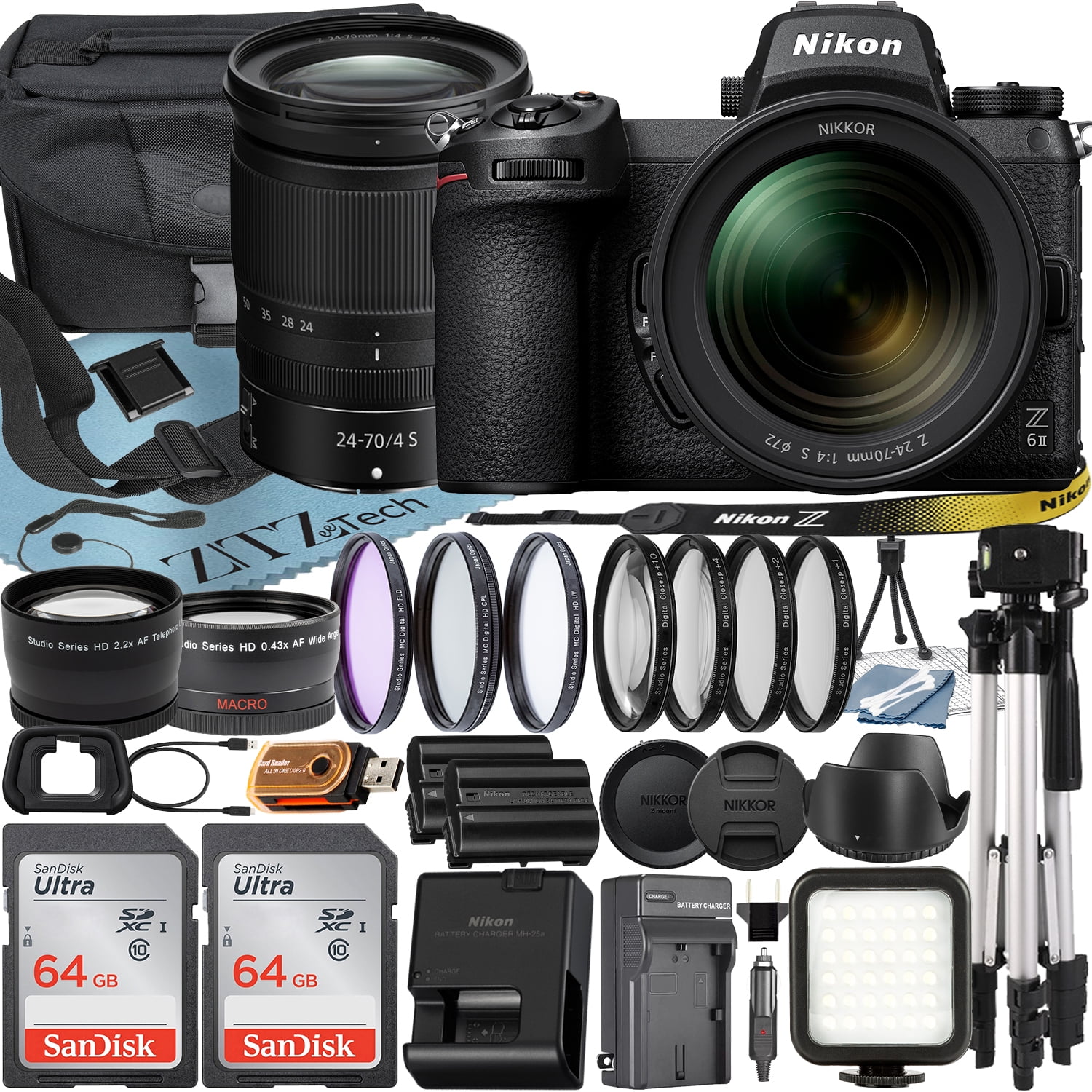 Nikon Z6 II Mirrorless Camera with NIKKOR Z 24-70mm f/4 S Lens + SanDisk 64GB Card + Case + Telephoto + Tripod + ZeeTech Accessory Bundle