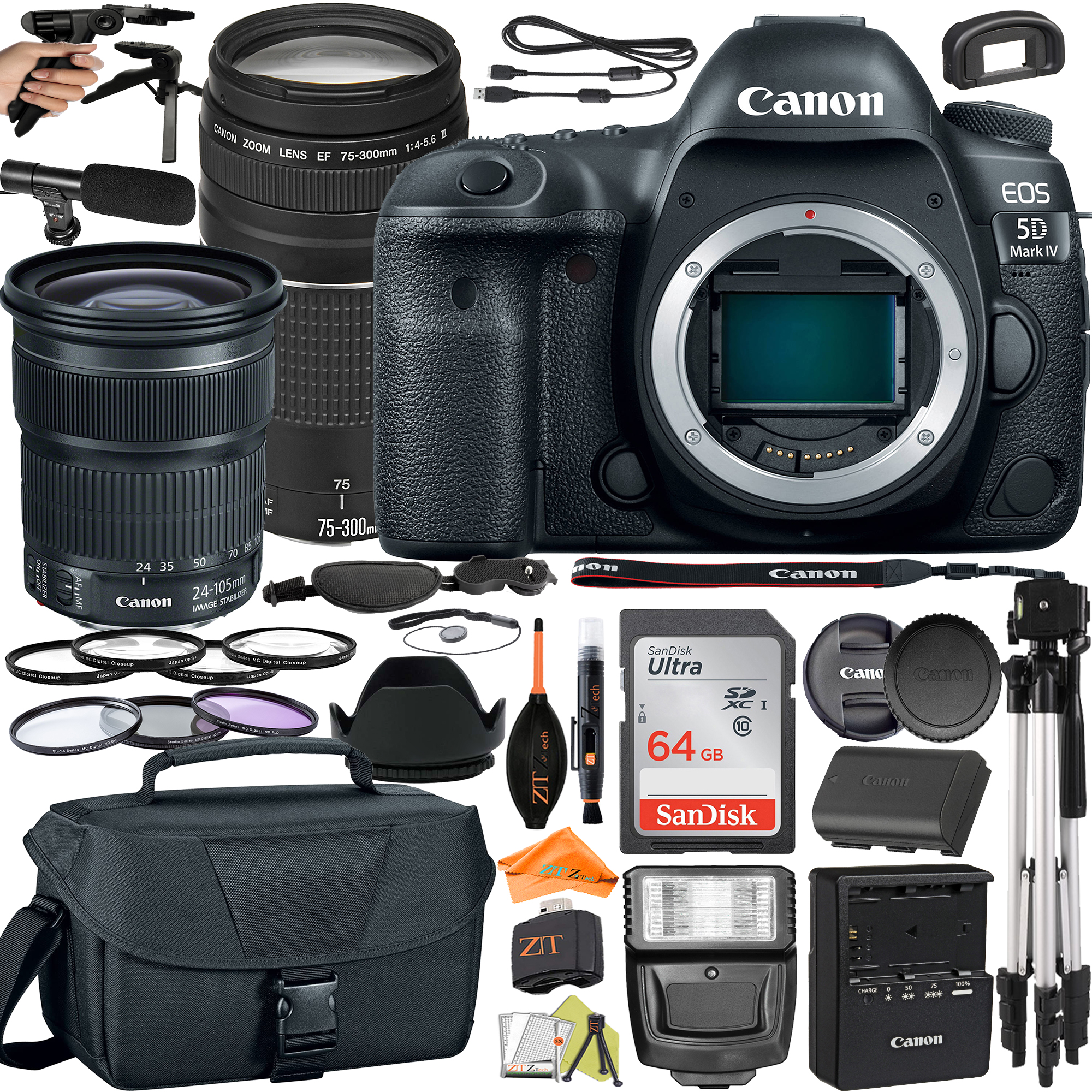 Canon EOS 5D Mark IV DSLR Camera with 24-105mm + 75-300mm Lens + SanDisk 64GB + Microphone + Flash + ZeeTech Accessory Bundle