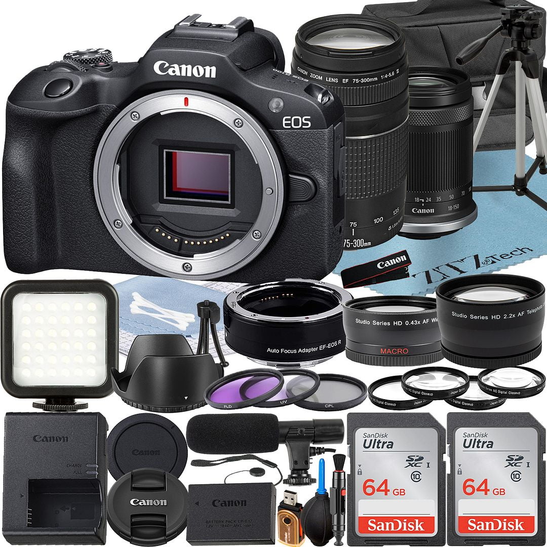 Canon EOS R100 Mirrorless Camera with RF-S 18-150mm + 75-300mm Lens + Mount Adapter + 2 Pack SanDisk 64GB Memory Card + Case + ZeeTech Accessory