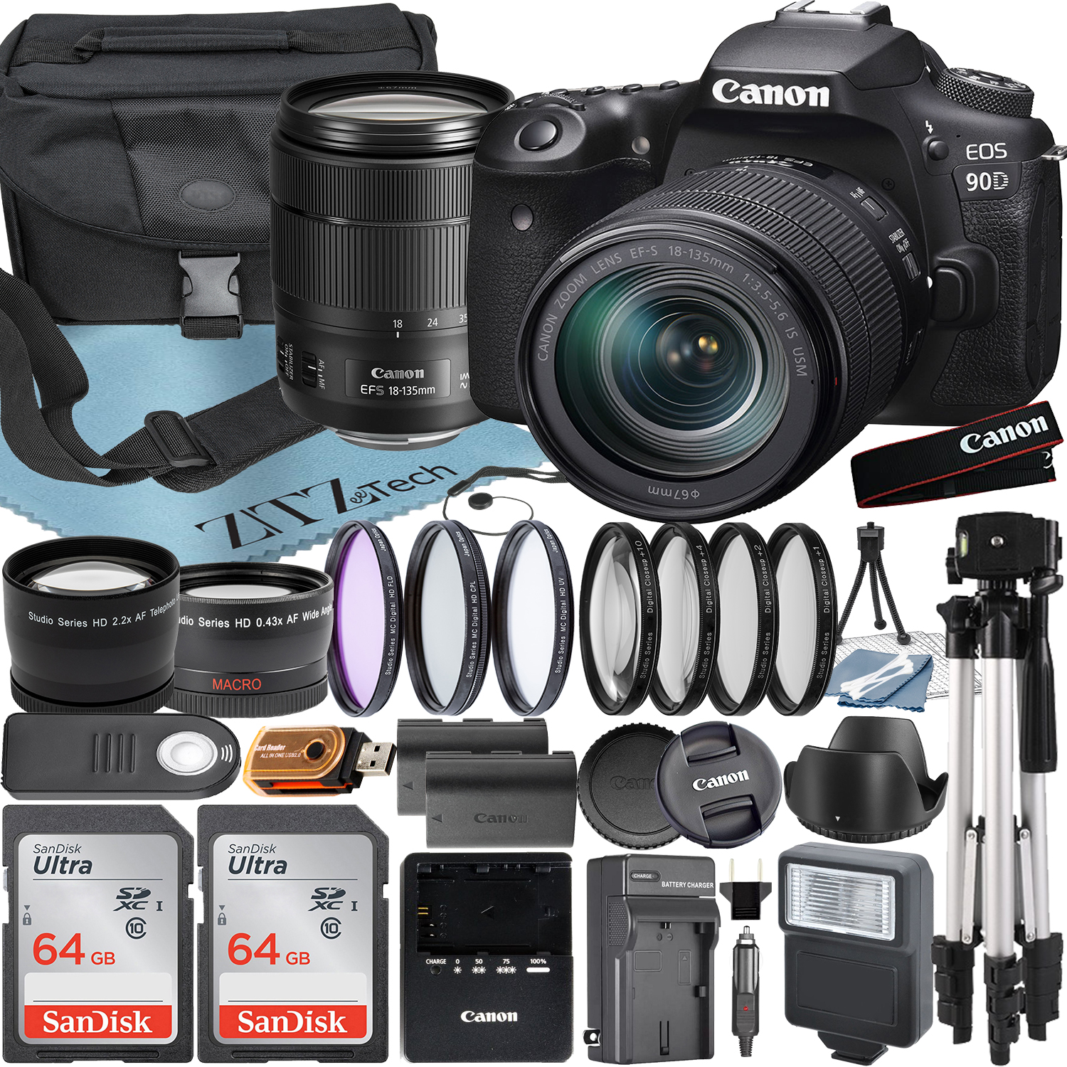 Canon EOS 90D DSLR Camera with 18-135mm IS USM Lens + 2 Pieces SanDisk 64GB Card + Case + Telephoto + Tripod + ZeeTech Accessory Bundle