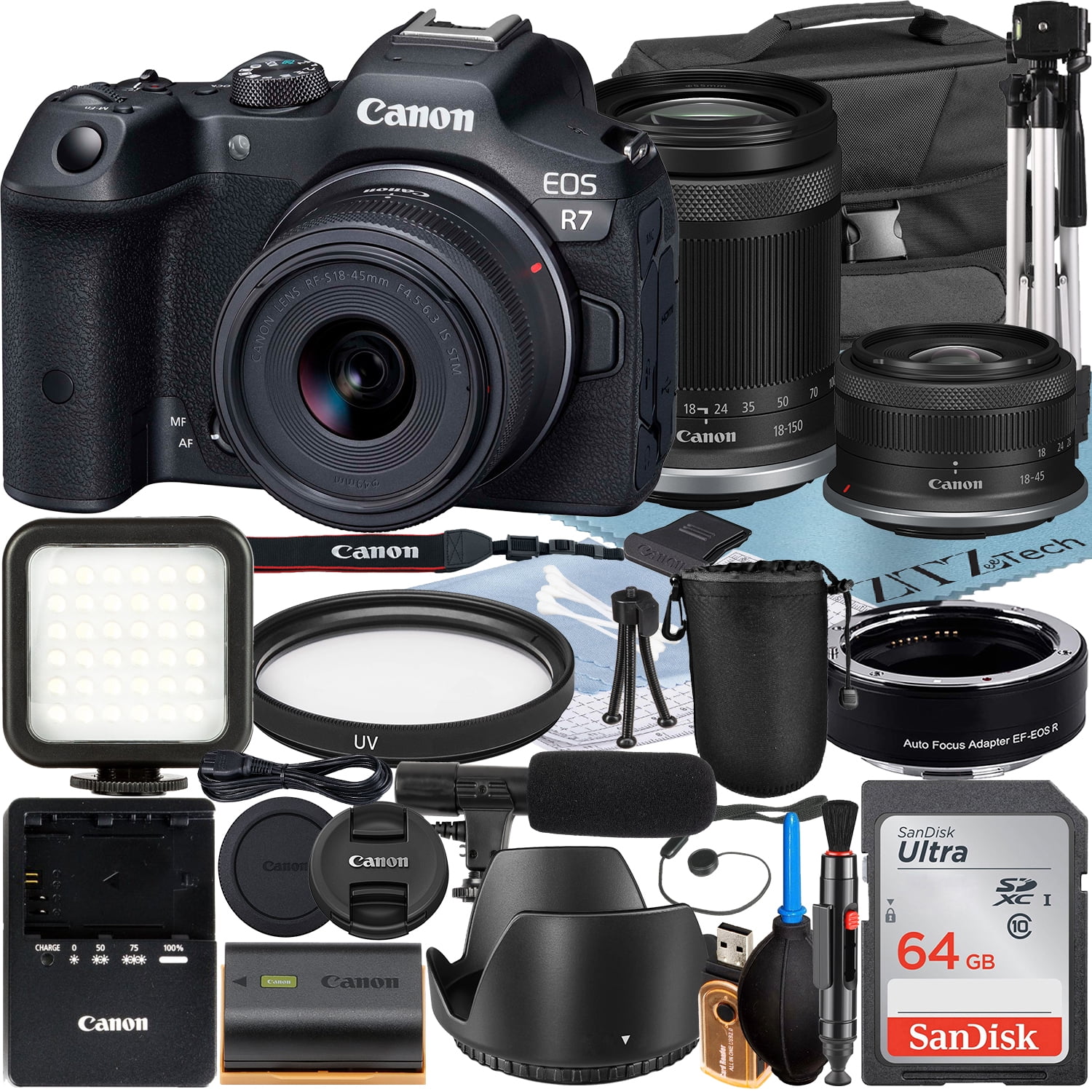 Canon EOS R7 Mirrorless Camera with RF-S 18-45mm + 18-150mm Lens + Mount Adapter + SanDisk 64GB Memory Card + Case + LED Flash + ZeeTech Accessory Bundle