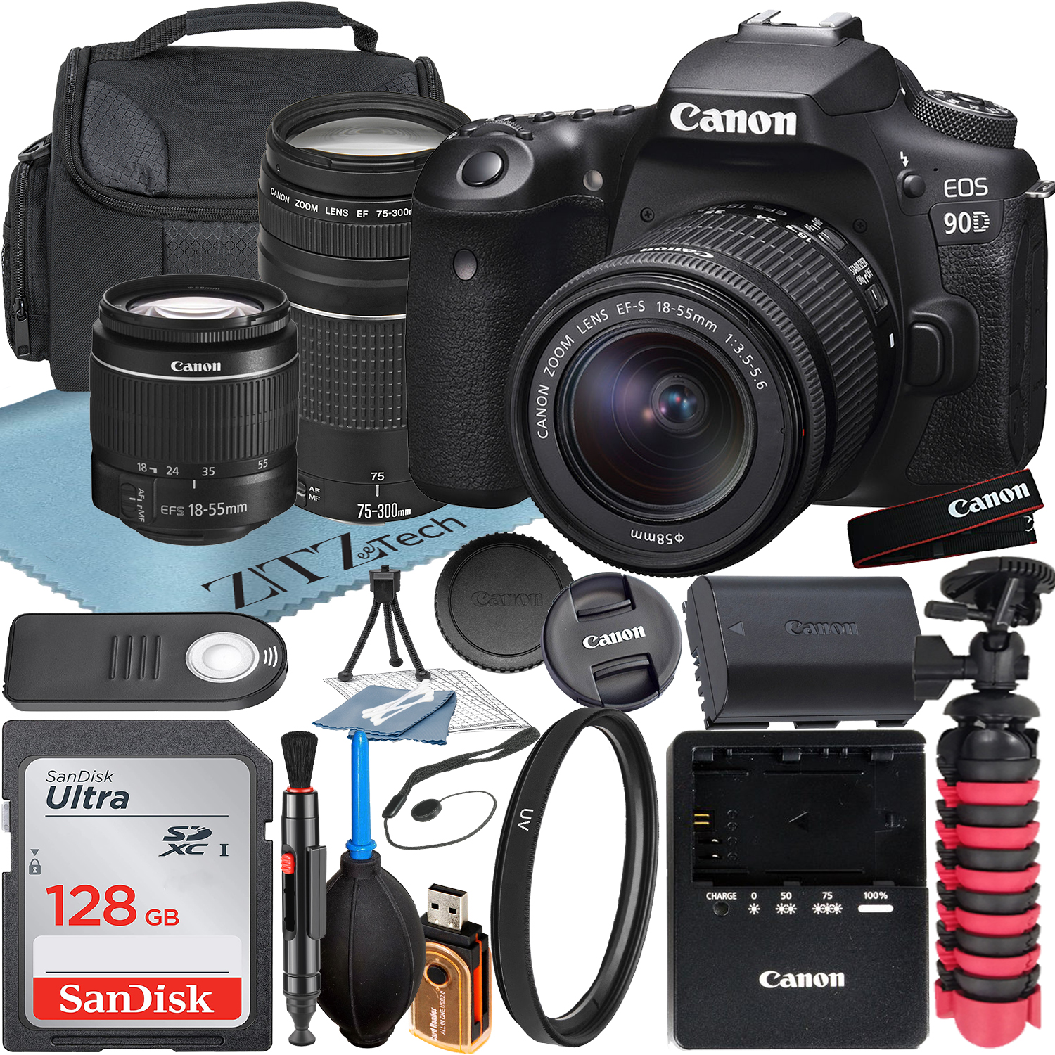 Canon EOS 90D DSLR Camera with 18-55mm + 75-300mm Lens + SanDisk 128GB Memory Card + Case + UV Filter + ZeeTech Accessory Bundle
