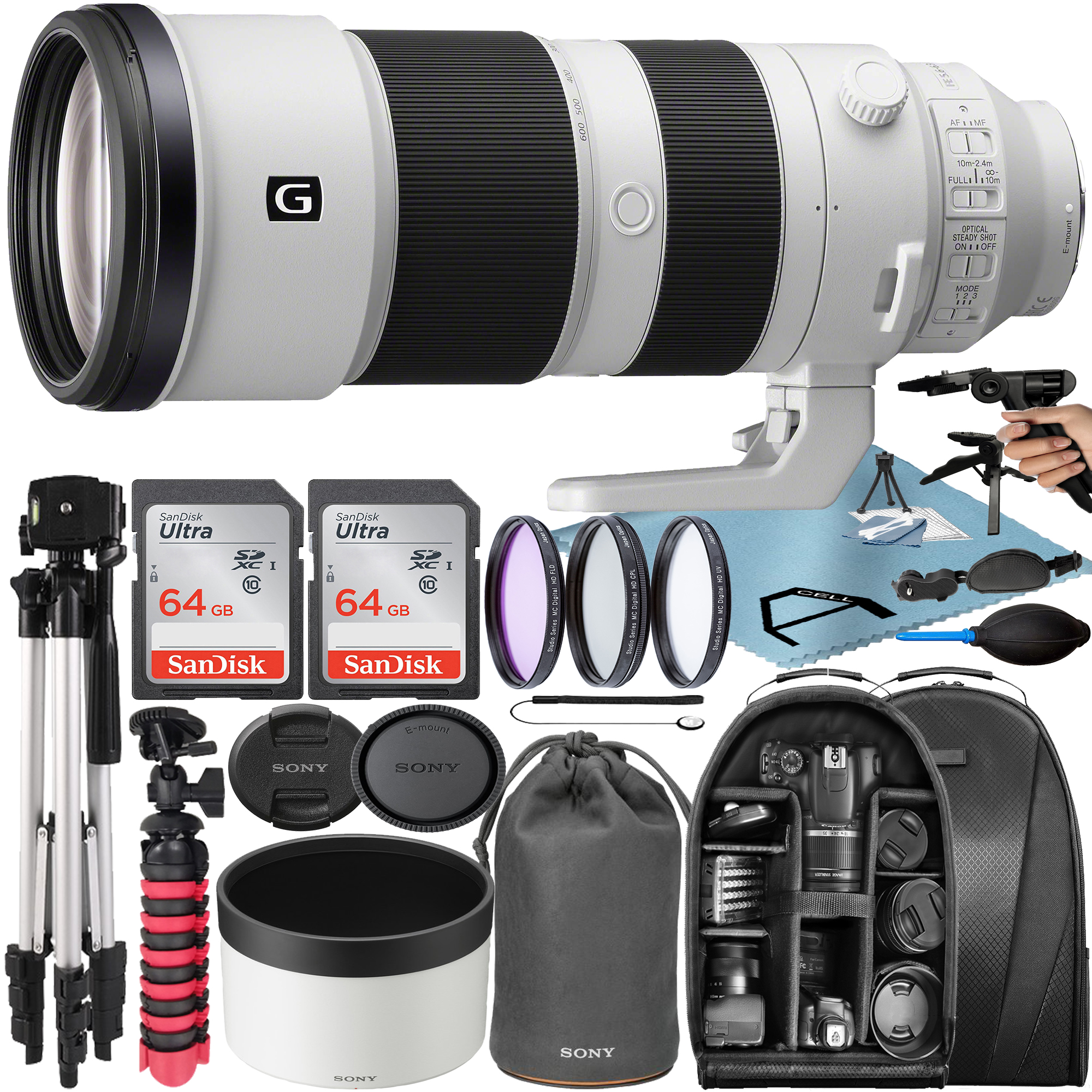 Sony FE 200-600mm F/5.6-6.3 G OSS Lens with 2 Pack 64GB SanDisk Memory Card + Tripod + Backpack + A-Cell Accessory Bundle