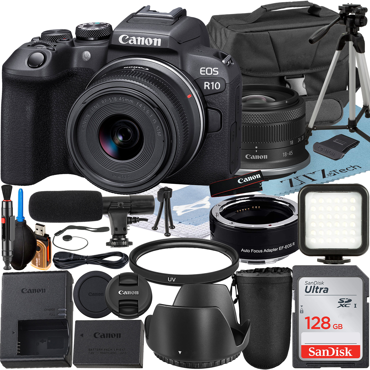 Canon EOS R10 Mirrorless Camera with RF-S 18-45mm Lens + Mount Adapter + SanDisk 128GB Memory Card + Case + LED Flash + ZeeTech Accessory Bundle