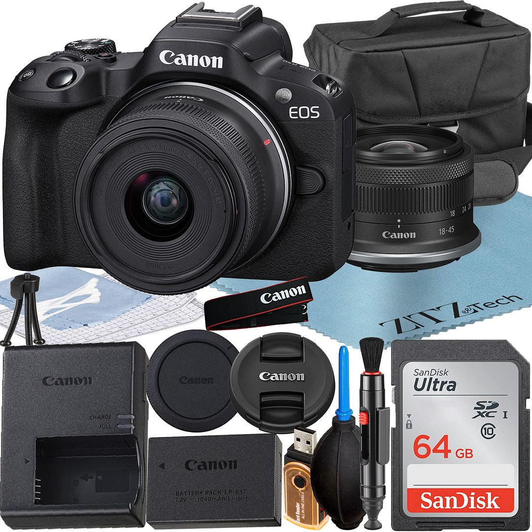 Canon EOS R50 Mirrorless Camera with RF-S 18-45mm Lens + SanDisk 64GB Memory Card + Case + ZeeTech Accessory Bundle