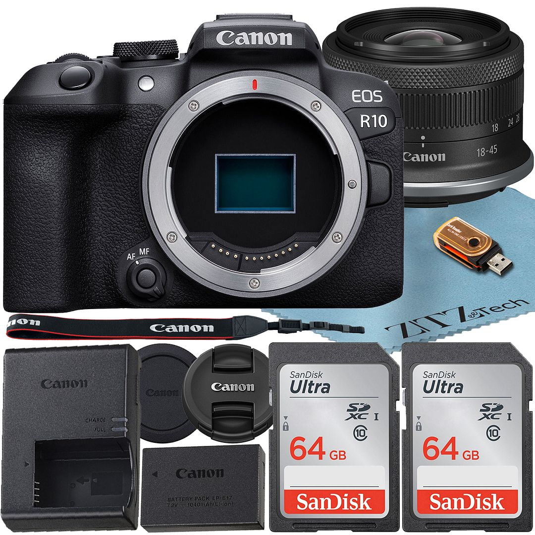 Canon EOS R10 Mirrorless Camera with RF-S 18-45mm f/4.5-6.3 IS STM Lens + 2 Pack SanDisk 64GB Memory Card + ZeeTech Accessory Bundle