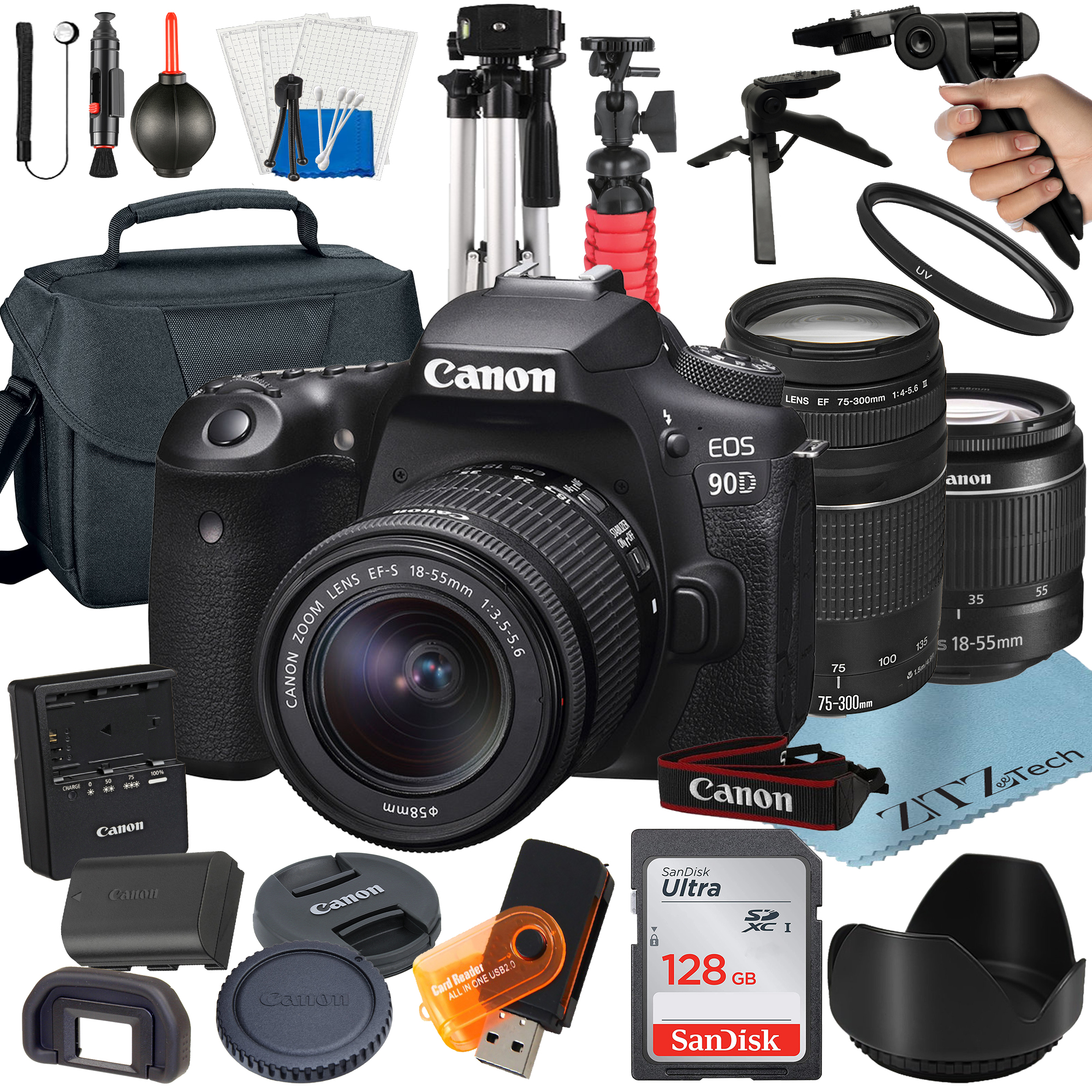 Canon EOS 90D DSLR Camera Bundle with 18-55mm + 75-300mm Lens + 128GB SanDisk Card + Case + Tripod + ZeeTech Accessory