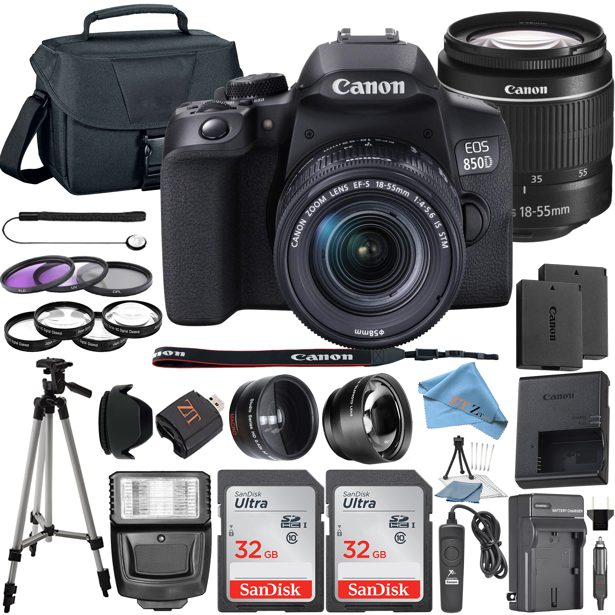 Canon EOS 850D / Rebel T8i DSLR Camera with 18-55mm Lens + 2 Pcs SanDisk 32GB Memory + Tripod + Case + ZeeTech Kit