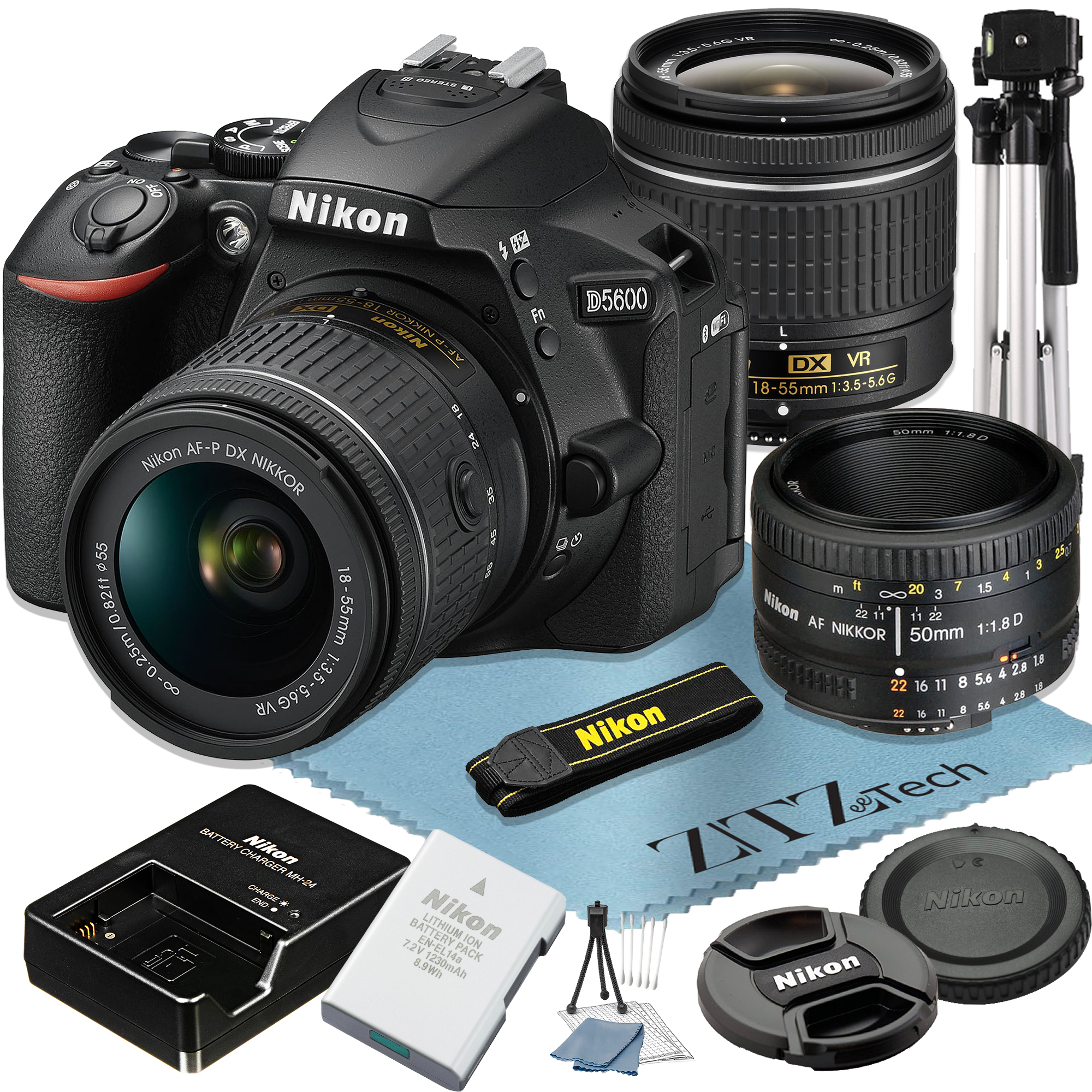 Nikon D5600 DSLR Camera 24.2MP Full HD 1080p with 18-55mm + AF FX 50mm Lens + ZeeTech Accessory Bundle