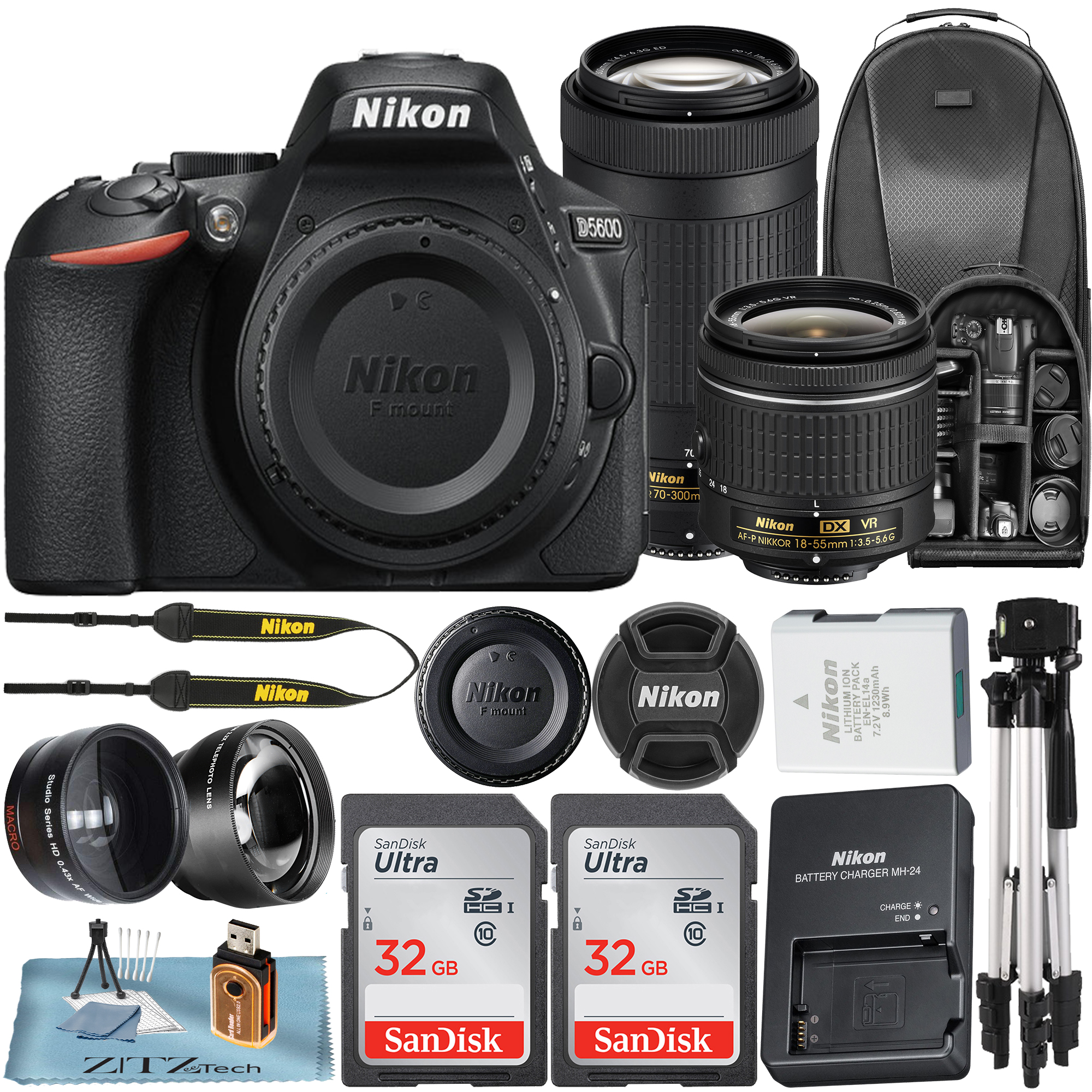 Nikon D5600 Digital SLR Camera with 18-55mm + 70-300mm Lens + 2 Pcs 32GB SanDisk Memory Card + Deluxe Backpack + Tripod + ZeeTech Accessory Bundle