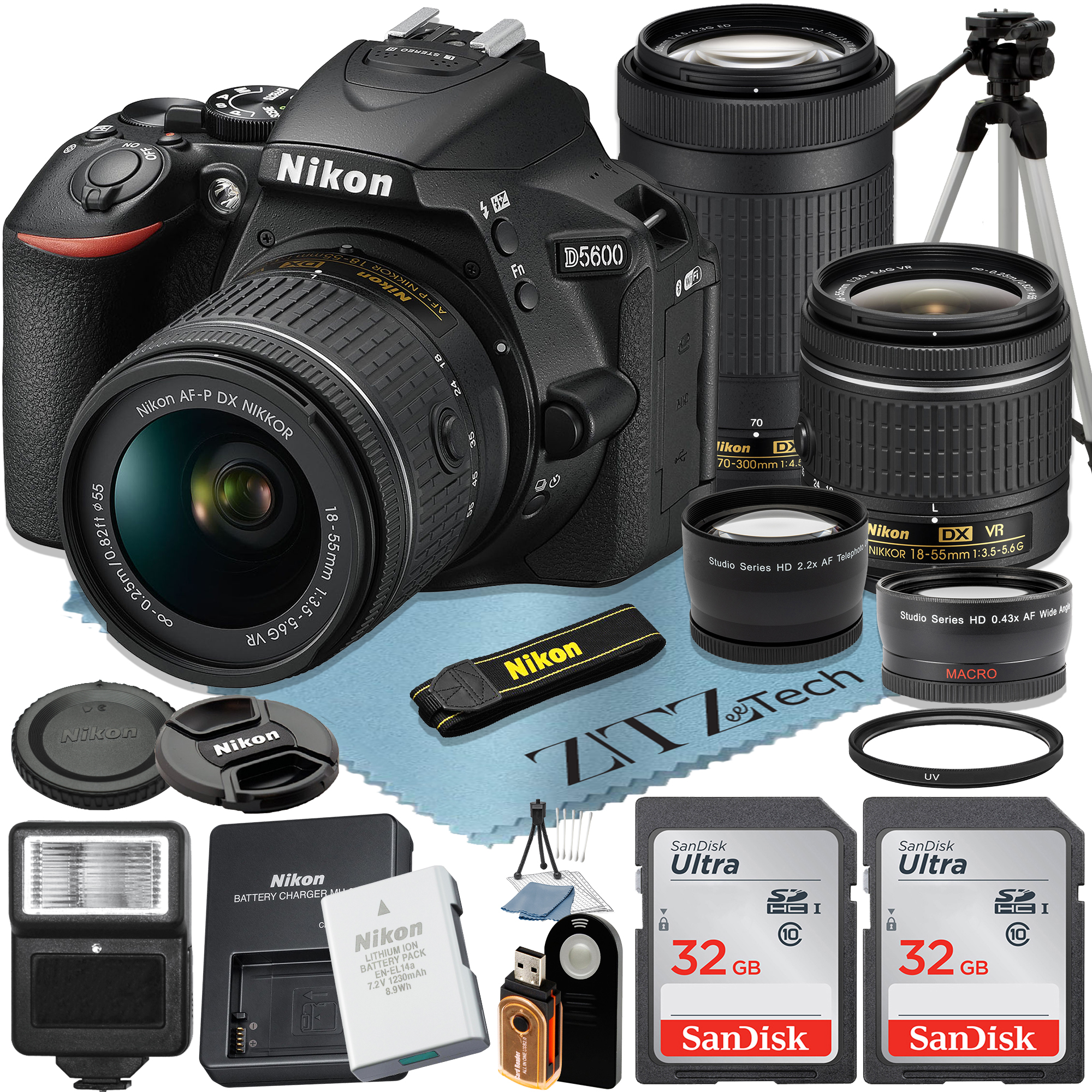 Nikon D5600 DSLR Camera with 18-55mm + 70-300mm Lens + SanDisk 32GB Memory Card + Tripod + Flash + Wideangle + ZeeTech Accessory Bundle