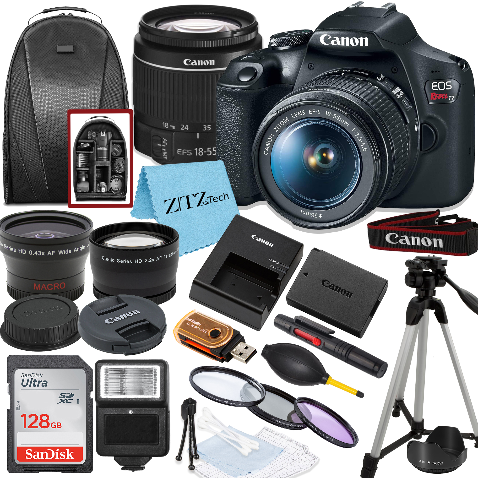 Canon EOS Rebel T7 DSLR Camera with 18-55mm Lens, SanDisk 128GB Memory, Tripod, Backpack and ZeeTech Bundle