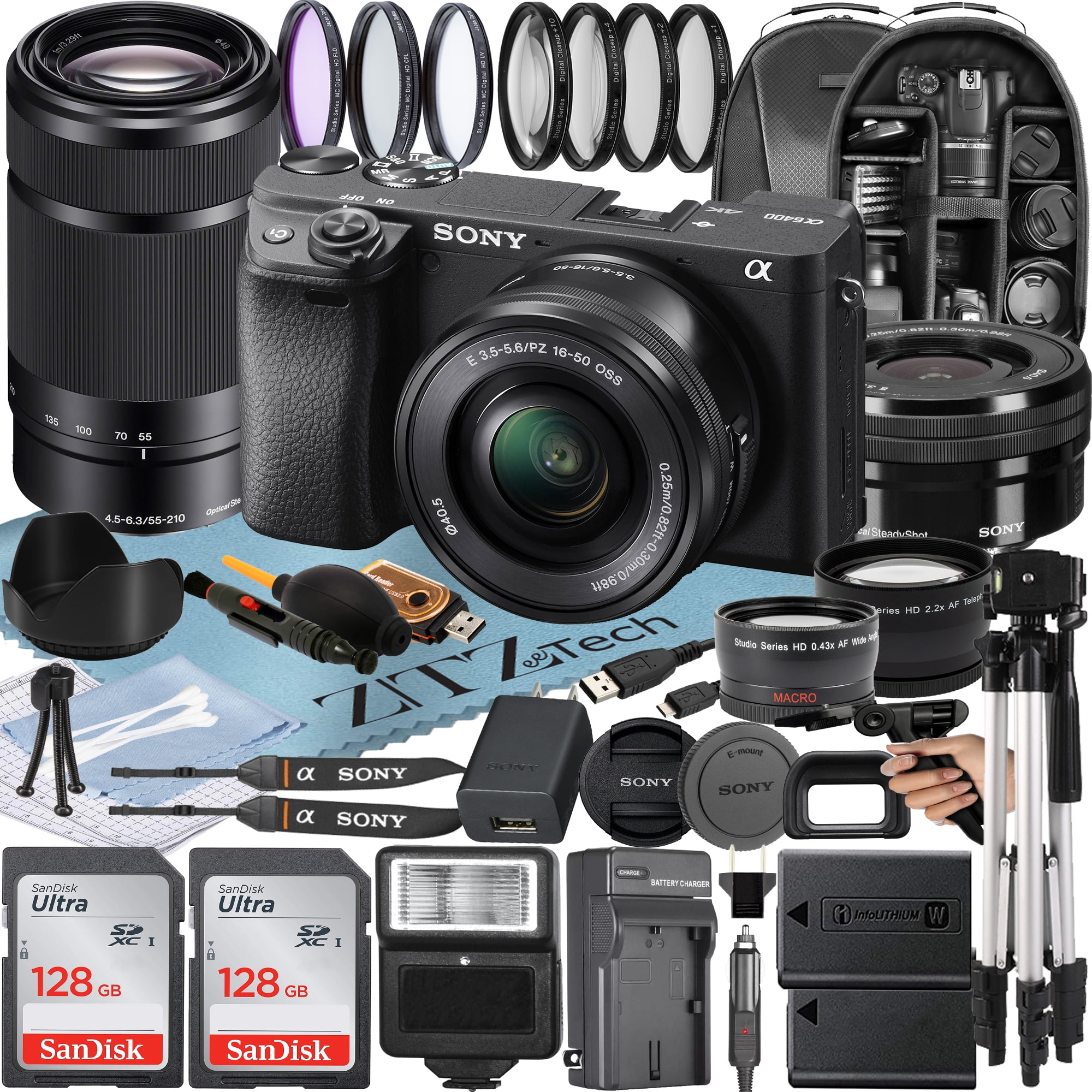 Sony Alpha a6400 Mirrorless Digital Camera with E PZ 16-50mm + E 55-210mm OSS Lens + 2 Pack SanDisk 128GB Card + Backpack + ZeeTech Accessory Bundle