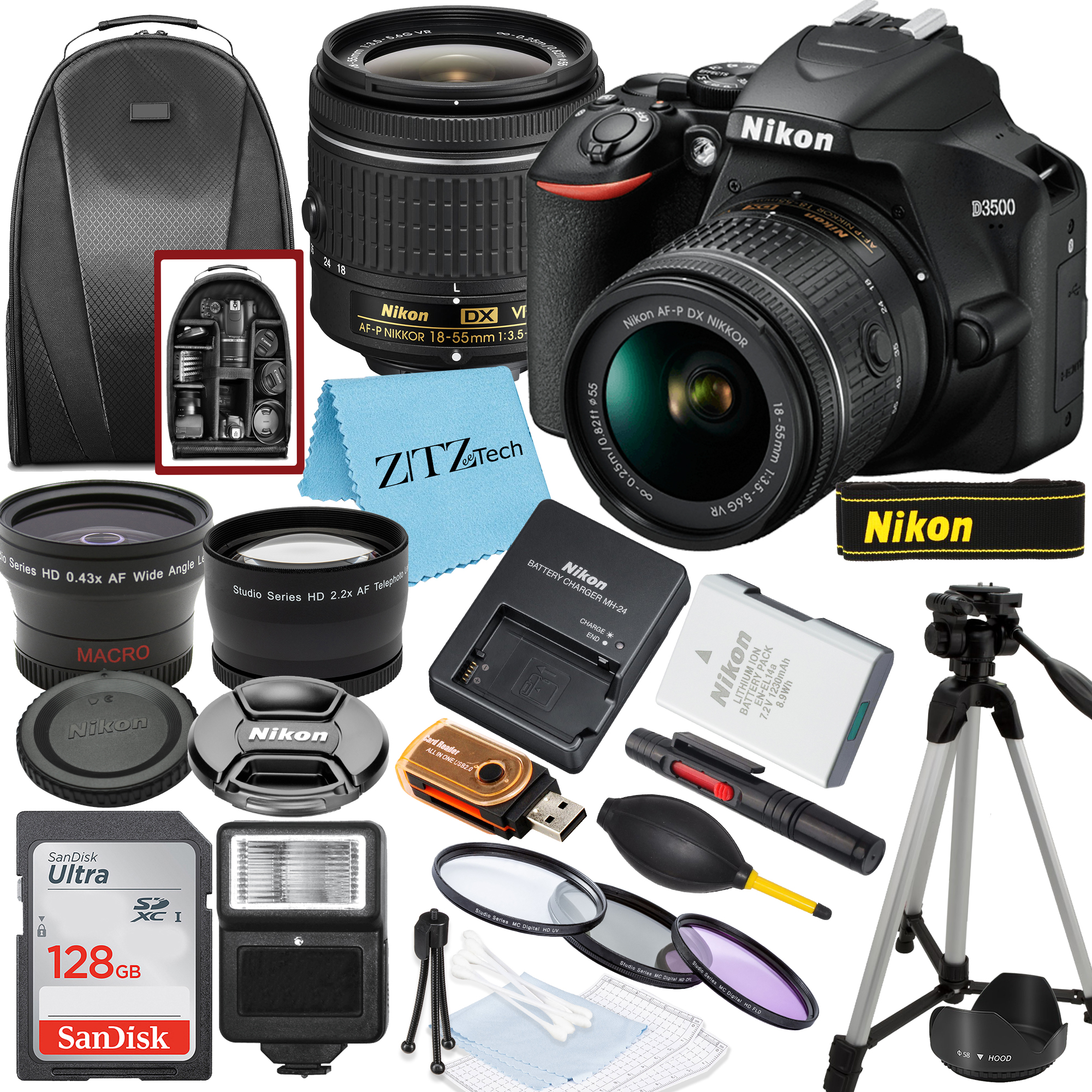 Nikon D3500 DSLR Camera with NIKKOR 18-55mm Lens, SanDisk 128GB Memory, Tripod, Backpack and ZeeTech Bundle