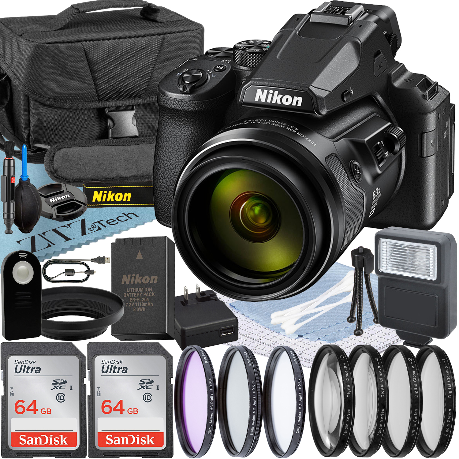 Nikon COOLPIX P950 Digital Camera with 2 Pieces SanDisk 64GB Memory Card + Case + Filter Kit + Flash + ZeeTech Professional Bundle