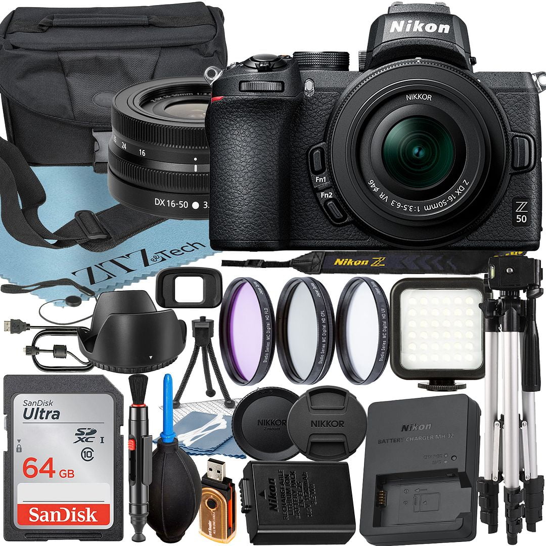 Nikon Z50 Mirrorless Camera with NIKKOR Z DX 16-50mm VR Zoom Lens + SanDisk 64GB Card + Case + 3 Pieces Filter + Flash + ZeeTech Accessory Bundle