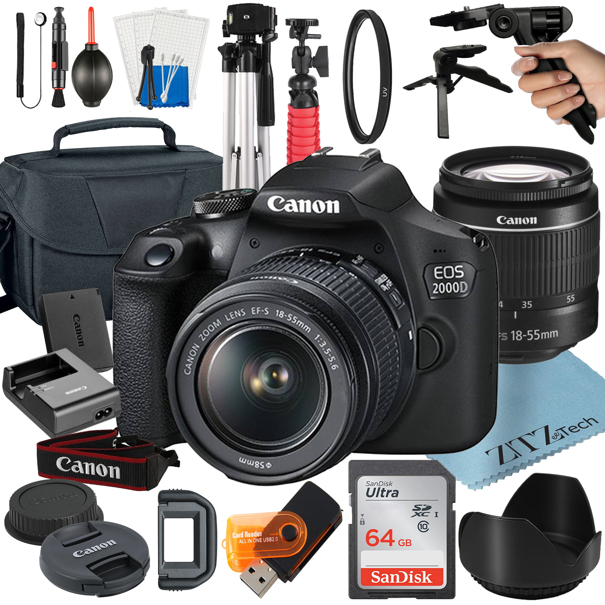 Canon EOS 2000D / Rebel T7 DSLR Camera Bundle with 18-55mm Zoom Lens + 64GB SanDisk Card + Case + Tripod + ZeeTech Accessory