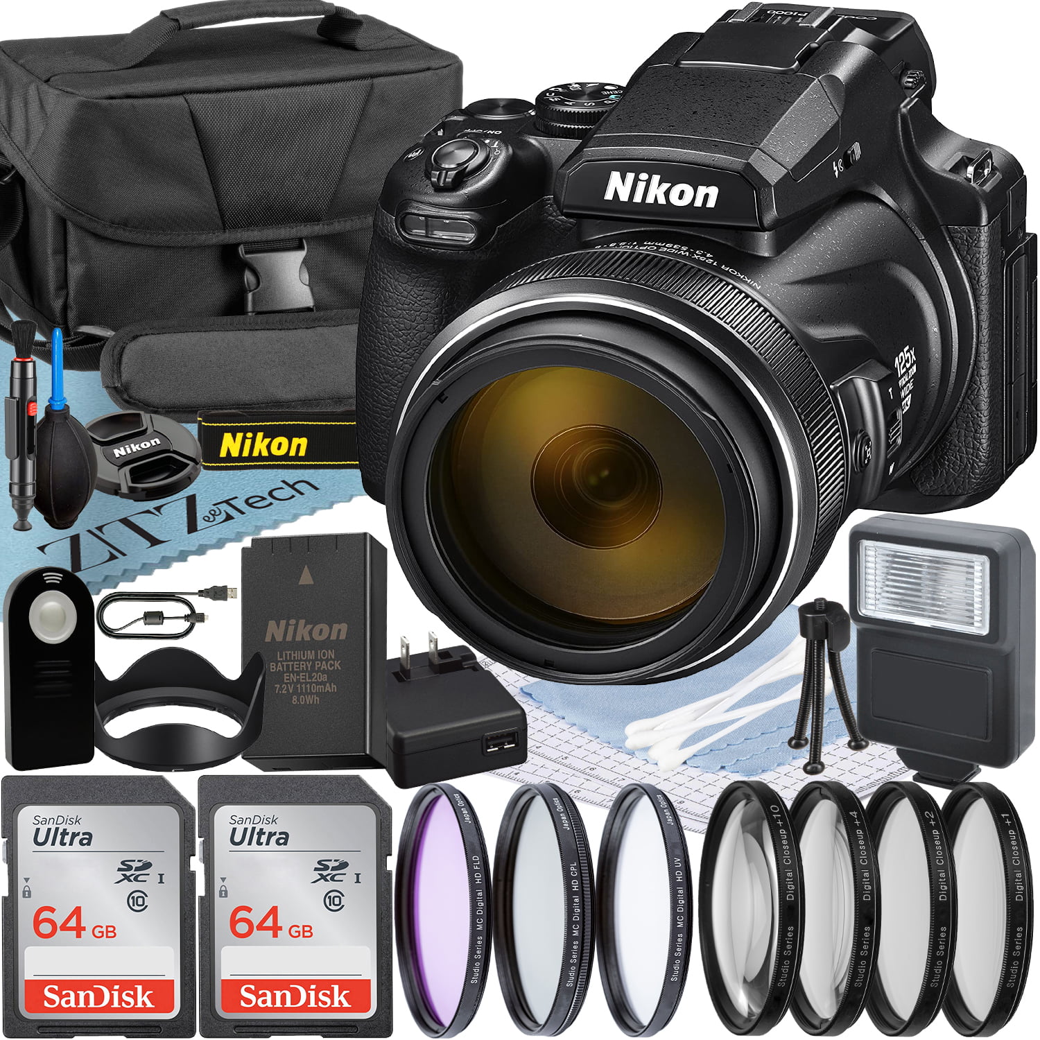 Nikon COOLPIX P1000 Digital Camera with 2 Pieces SanDisk 64GB Memory Card + Case + Filter Kit + Flash + ZeeTech Professional Bundle