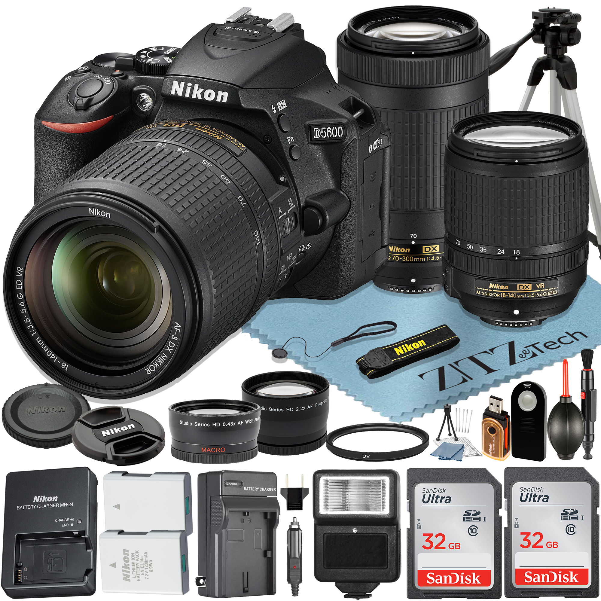 Nikon D5600 DSLR Camera with 18-140mm + 70-300mm Lens + 2 Pcs SanDisk 32GB Memory Card + Wideangle + Flash + Tripod + ZeeTech Accessory Bundle