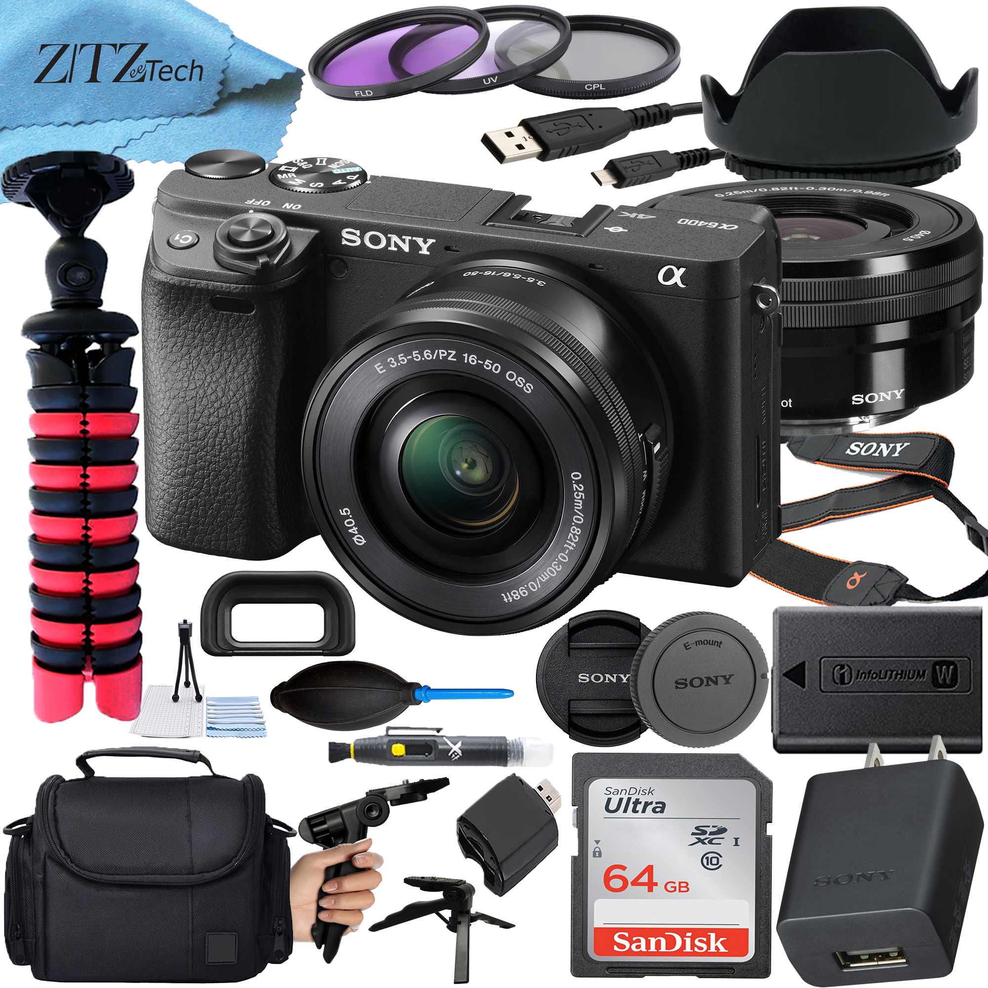 Sony Alpha a6400 Mirrorless Digital Camera with 16-50mm Lens + SanDisk 64GB Card + Tripod + ZeeTech Accessory Bundle