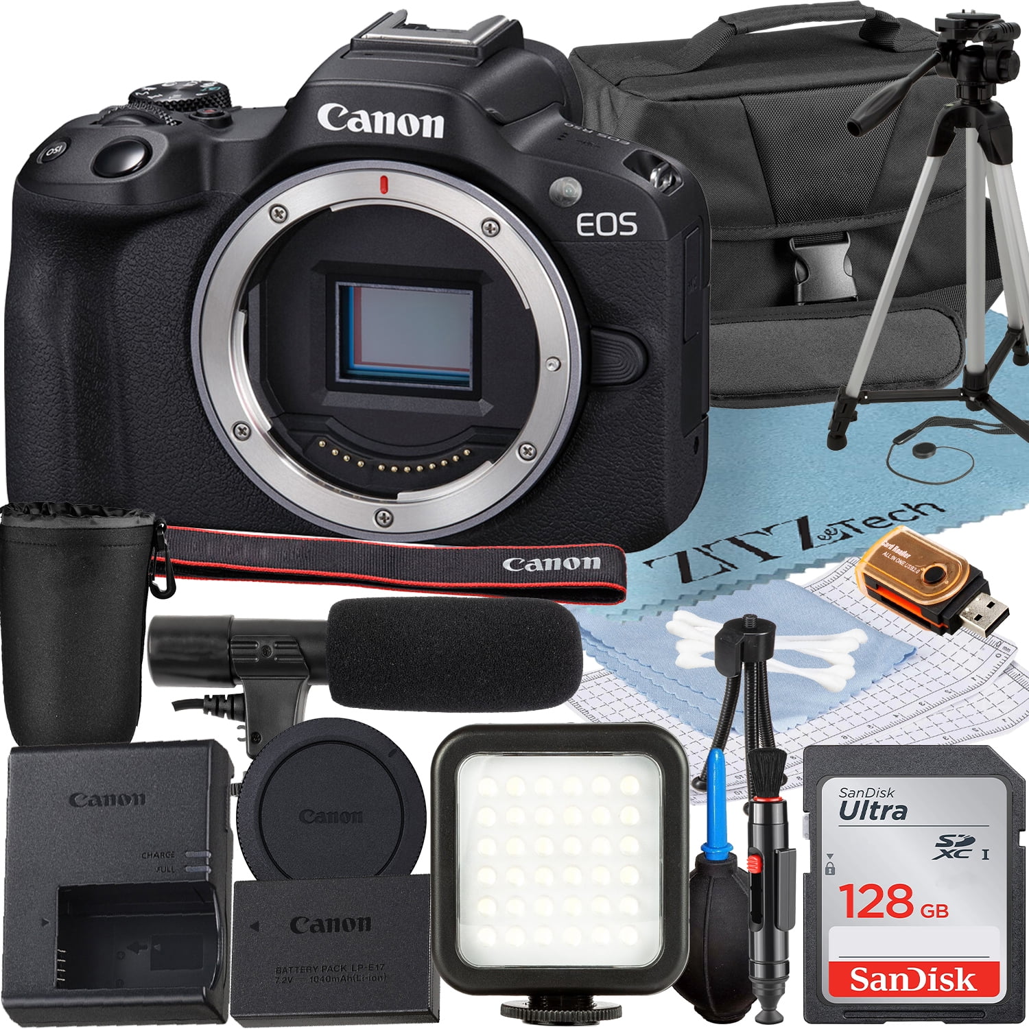 Canon EOS R50 Mirrorless Camera (Body) with SanDisk 128GB Memory Card + Case + LED Flash + ZeeTech Accessory Bundle