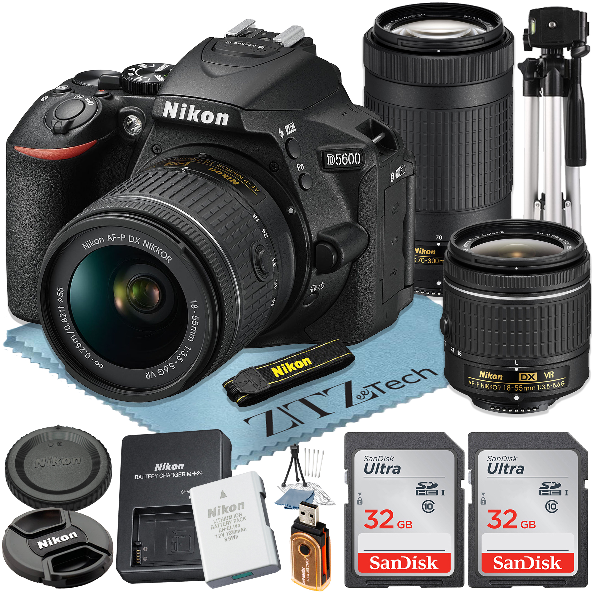 Nikon D5600 DSLR Camera 24.2MP with 18-55mm + 70-300mm Lens + SanDisk 32GB Memory Card + Tripod + ZeeTech Accessory Bundle