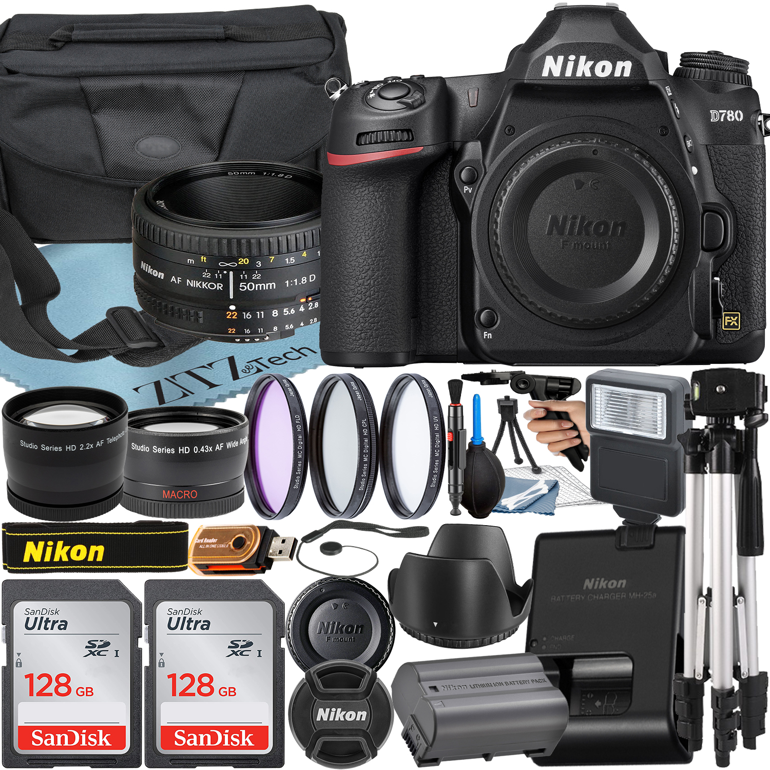 Nikon D780 DSLR Camera with AF NIKKOR 50mm f/1.8D Lens + SanDisk 128GB Card + Case + Wideangle + Tripod + ZeeTech Accessory Bundle