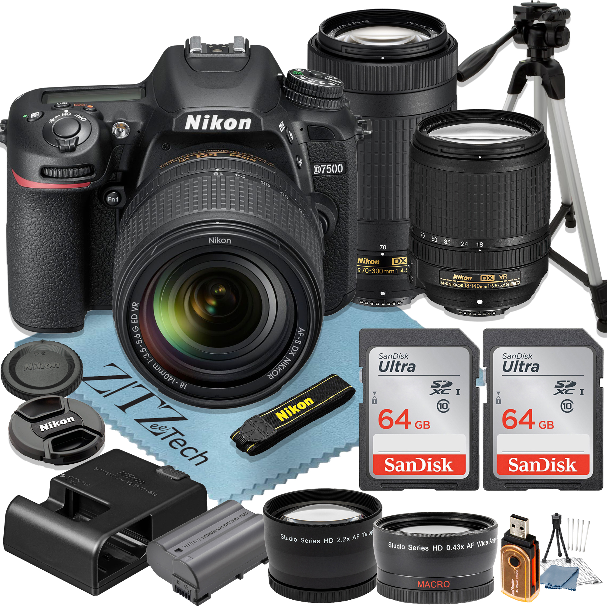 Nikon D7500 DSLR Camera with 18-140mm + 70-300mm Lens + 2 Pcs SanDisk 64GB Memory Cards + Tripod + Wideangle + ZeeTech Accessory Bundle