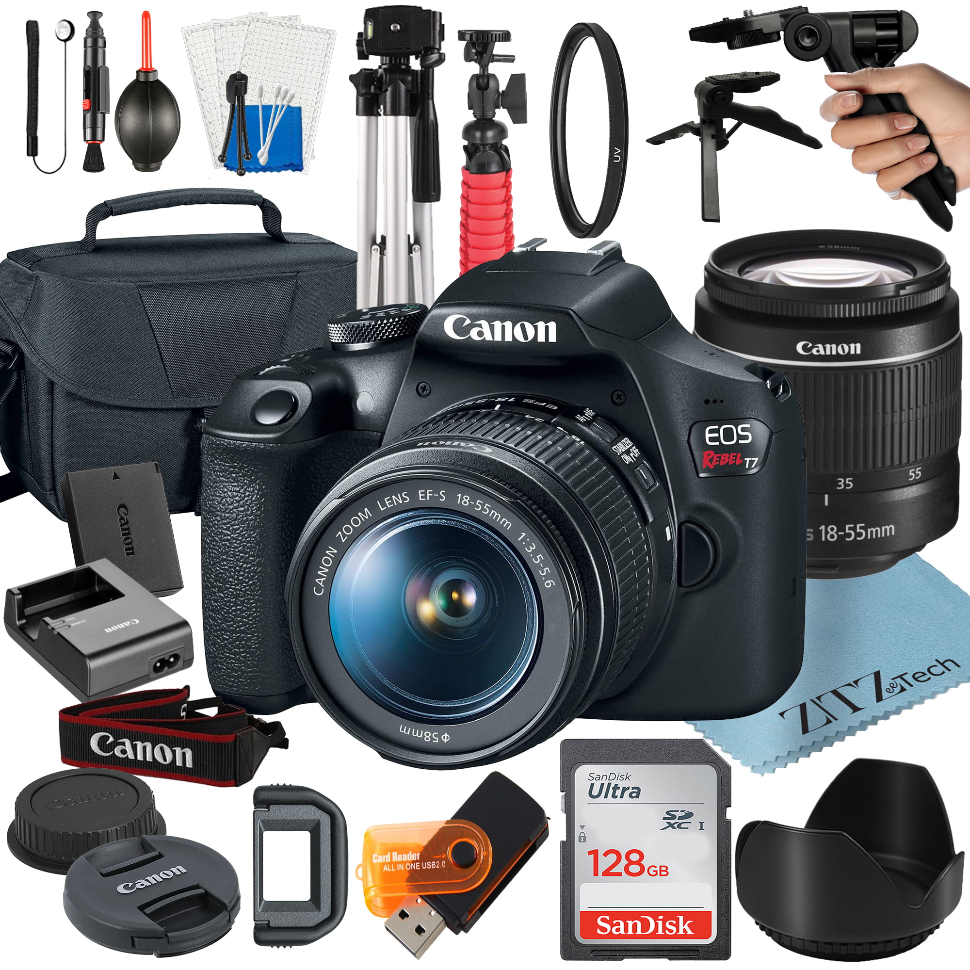 Canon EOS Rebel T7 DSLR Camera Bundle with 18-55mm Zoom Lens + 128GB SanDisk Card + Case + Tripod + ZeeTech Accessory