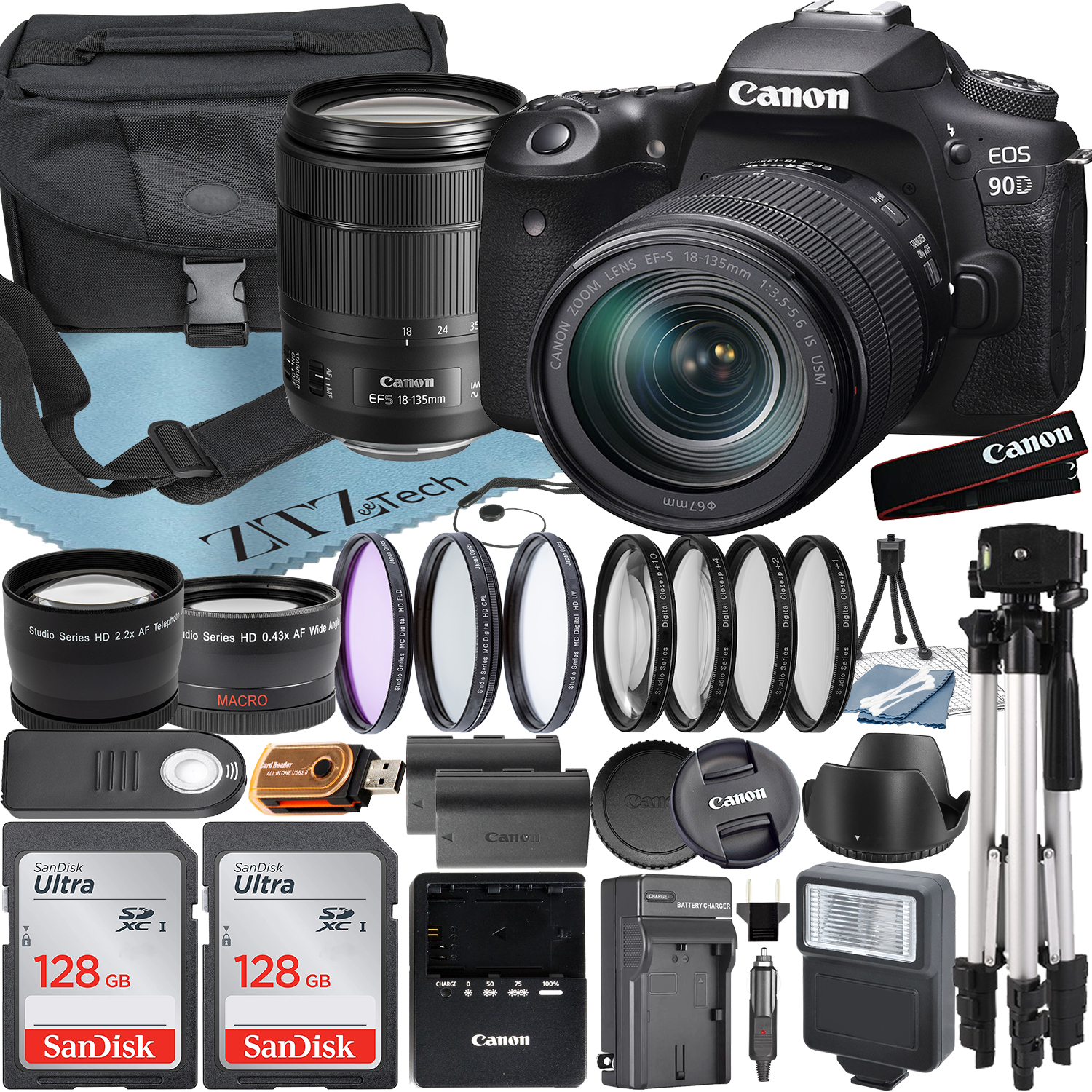 Canon EOS 90D DSLR Camera with 18-135mm IS USM Lens + 2 Pieces SanDisk 128GB Card + Case + Telephoto + Tripod + ZeeTech Accessory Bundle