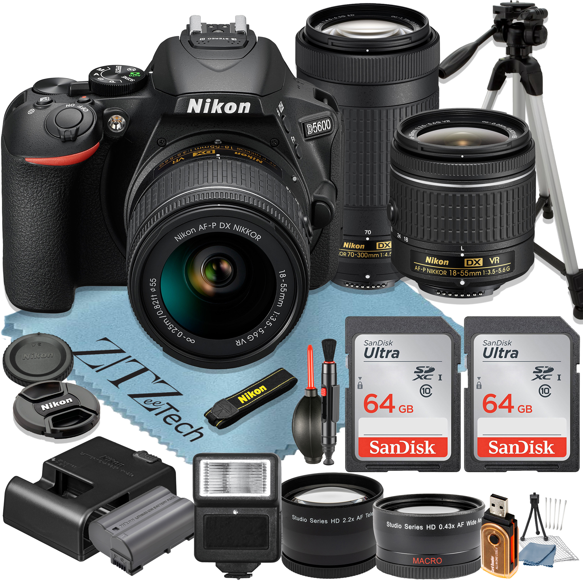 Nikon D5600 DSLR Camera with 18-55mm + 70-300mm Lens + 2 Pcs SanDisk 64GB Memory Cards + Tripod + Wideangle + Flash + ZeeTech Accessory Bundle