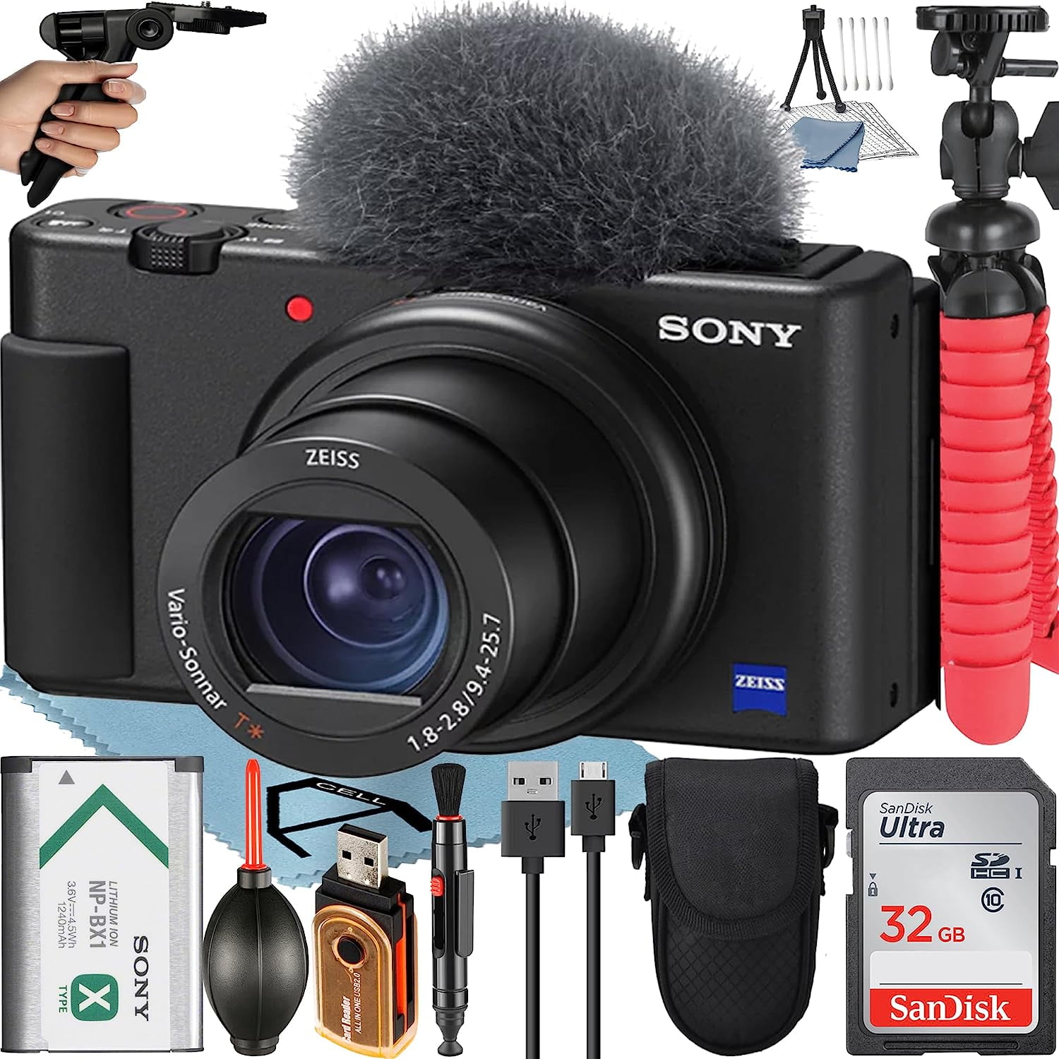 Sony ZV-1 Compact Digital Camera For Content Creators 4K HDR Video with Wind Screen + 32GB Memory Card + Case + Tripod + ZeeTech Accessory Bundle (Black)