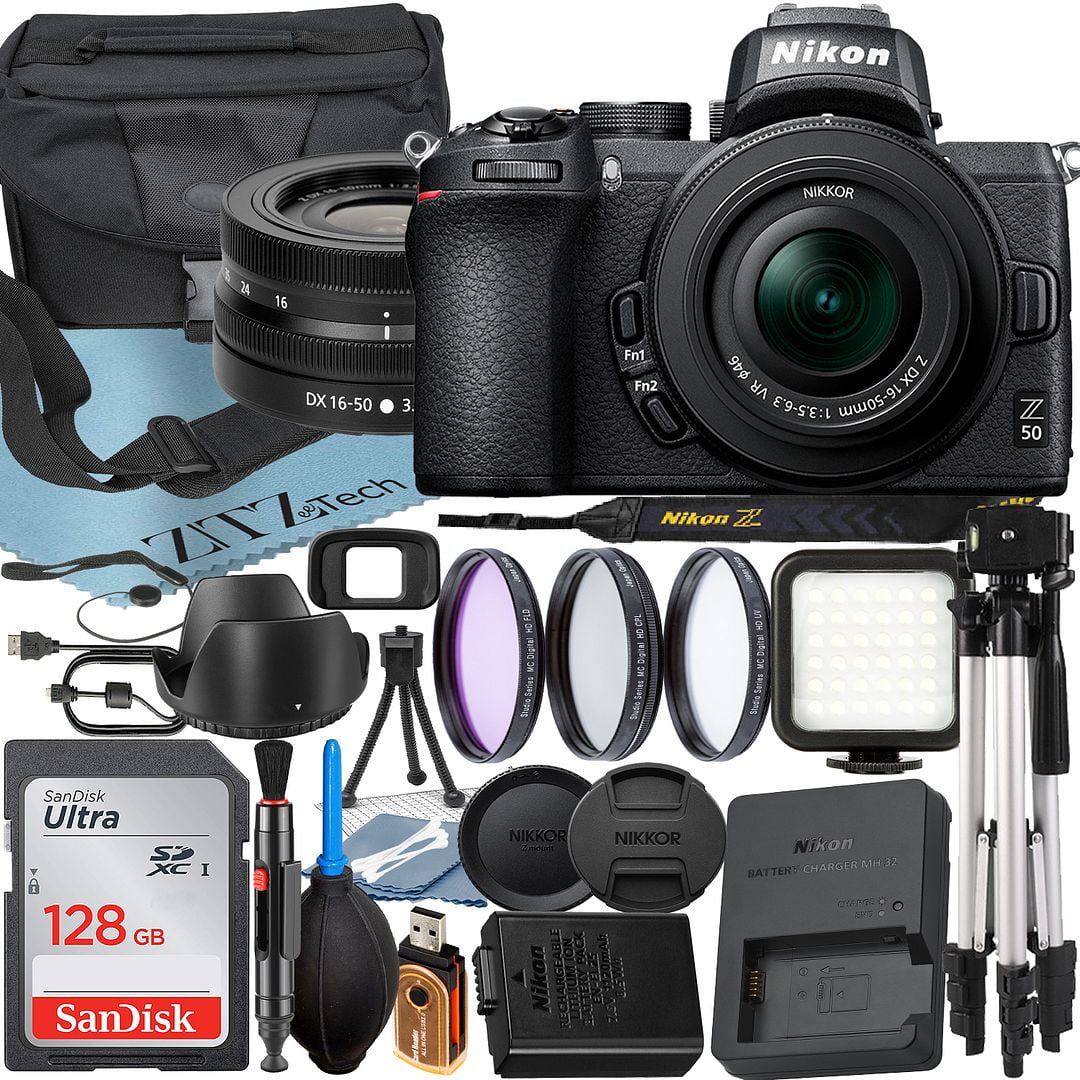 Nikon Z50 Mirrorless Camera with NIKKOR Z DX 16-50mm VR Zoom Lens + SanDisk 128GB Card + Case + 3 Pieces Filter + Flash + ZeeTech Accessory Bundle