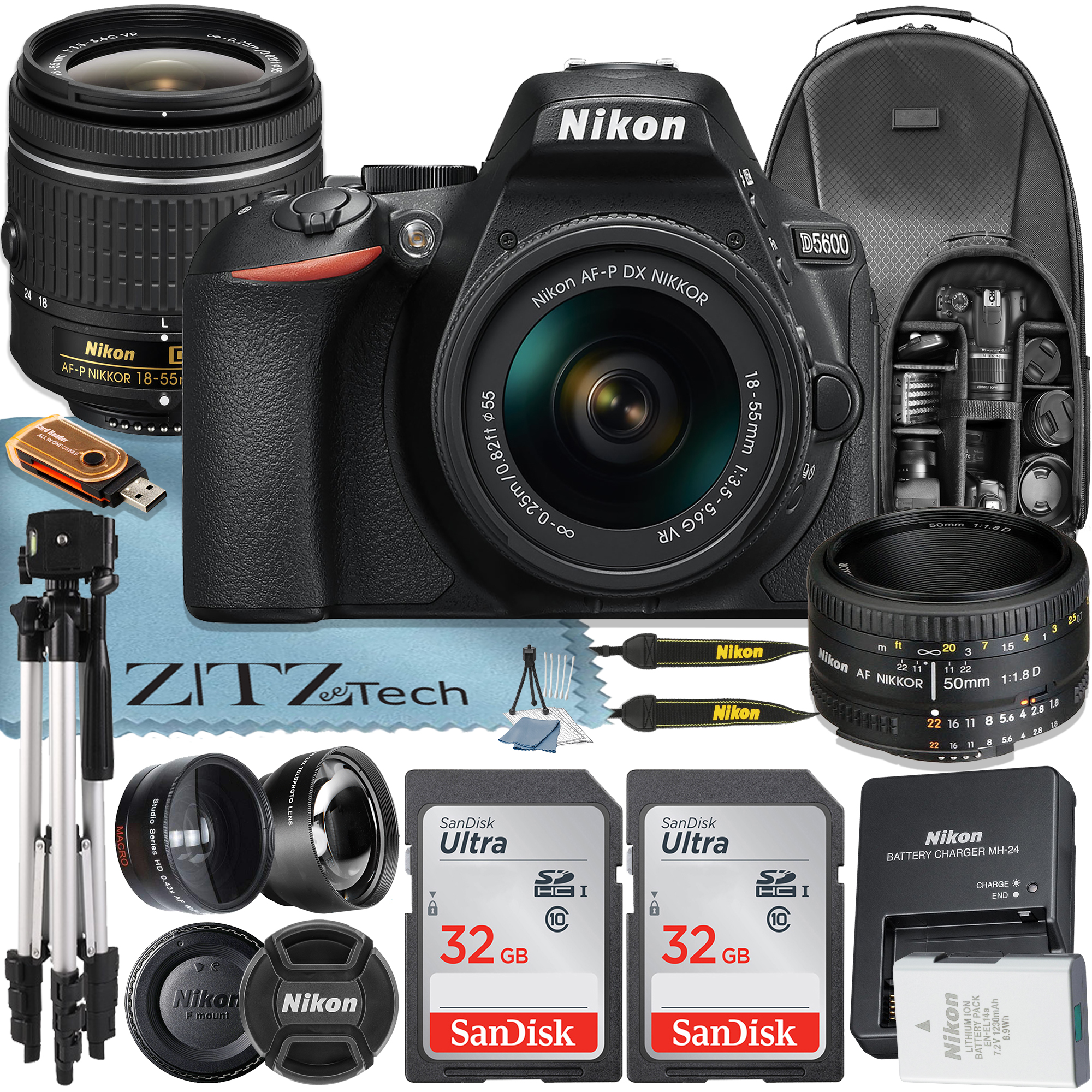 Nikon D5600 DSLR Camera 24.2MP with 18-55mm + AF FX 50mm Lens + 2 Pcs SanDisk 32GB Memory Card + Tripod + Backpack + ZeeTech Accessory Bundle