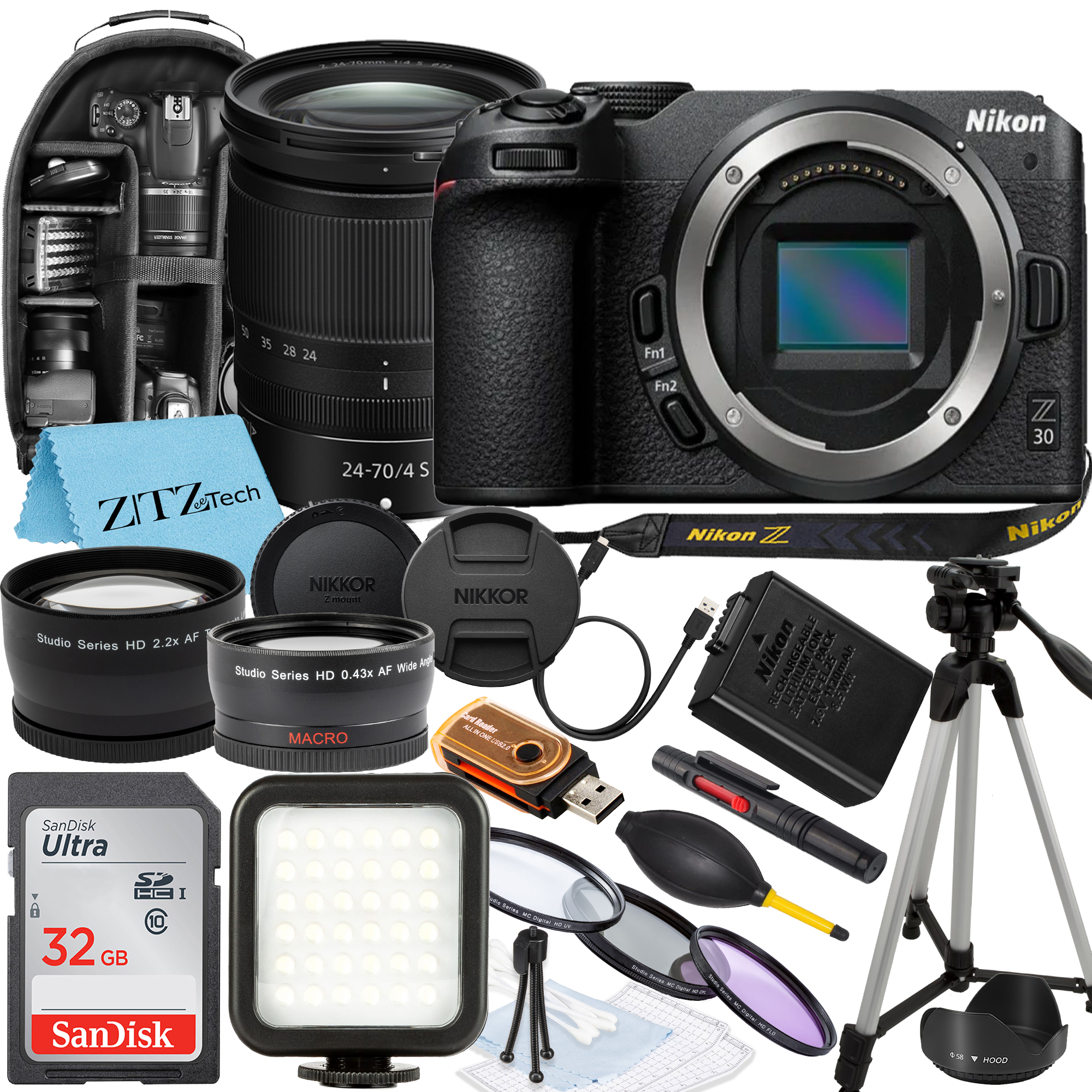 Nikon Z30 Mirrorless Camera with NIKKOR Z 24-70mm f/4 S Lens, SanDisk 32GB Memory Card, Backpack, Flash, Tripod and ZeeTech Accessory Bundle