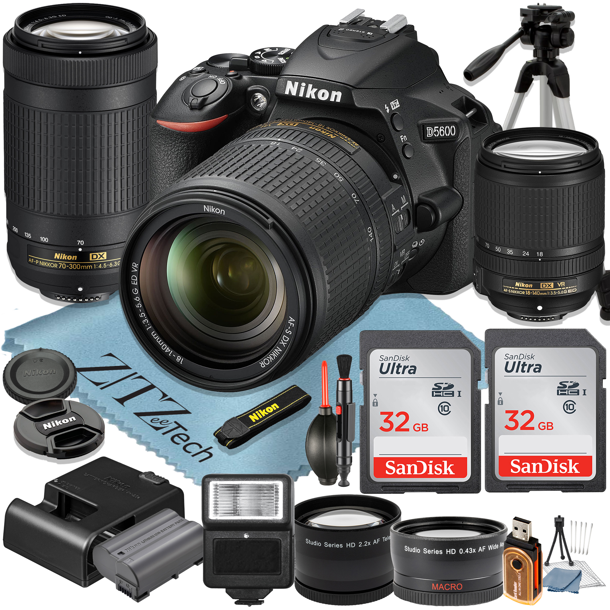 Nikon D5600 DSLR Camera with 18-140mm + 70-300mm Lens + 2 Pcs SanDisk 32GB Memory Cards + Tripod + Wideangle + Flash + ZeeTech Accessory Bundle