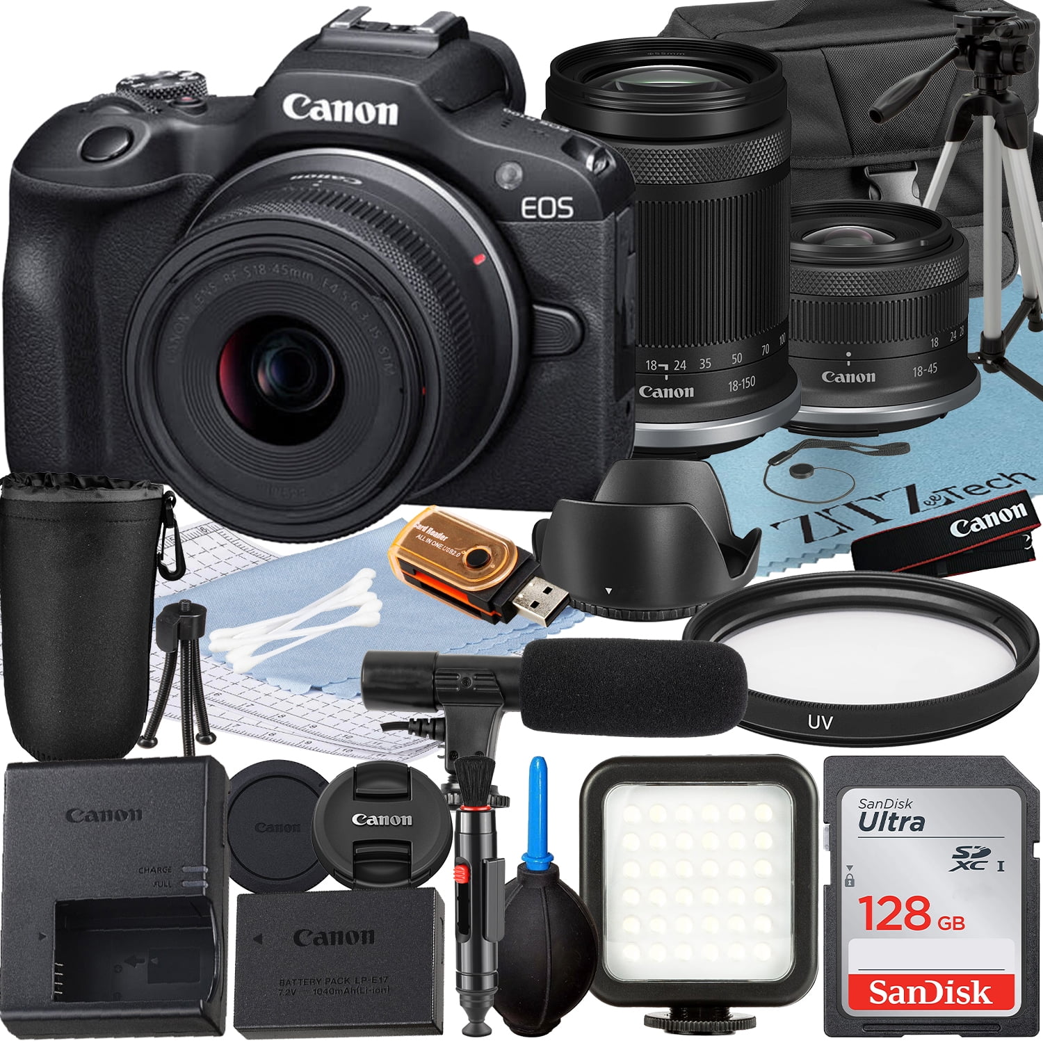 Canon EOS R100 Mirrorless Camera with RF-S 18-45mm + 18-150mm Lens + SanDisk 128GB Memory Card + Case + LED Flash + ZeeTech Accessory Bundle