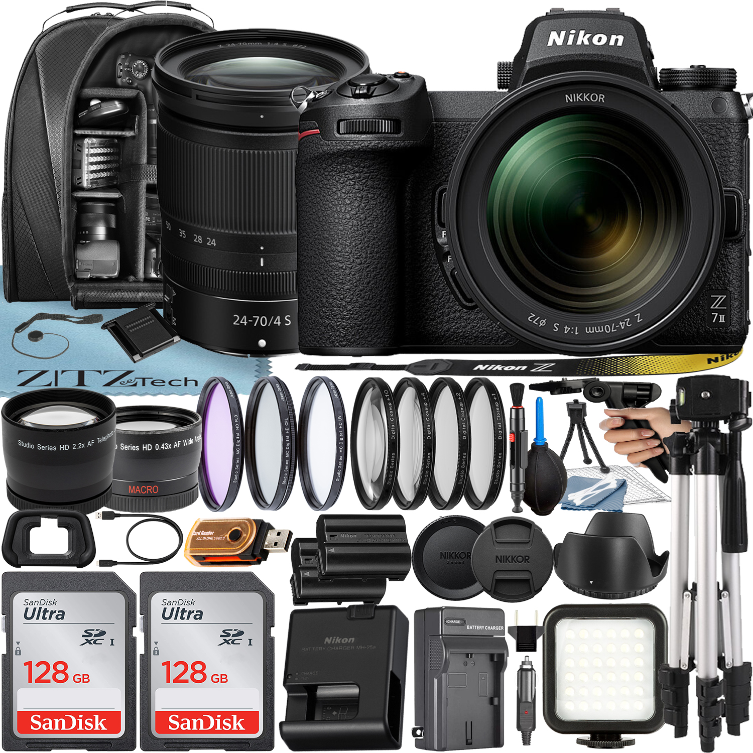 Nikon Z7 II Mirrorless Camera with NIKKOR Z 24-70mm f/4 S Lens + 2 Pack 128GB SanDisk Card + Case + Tripod + ZeeTech Accessory Bundle