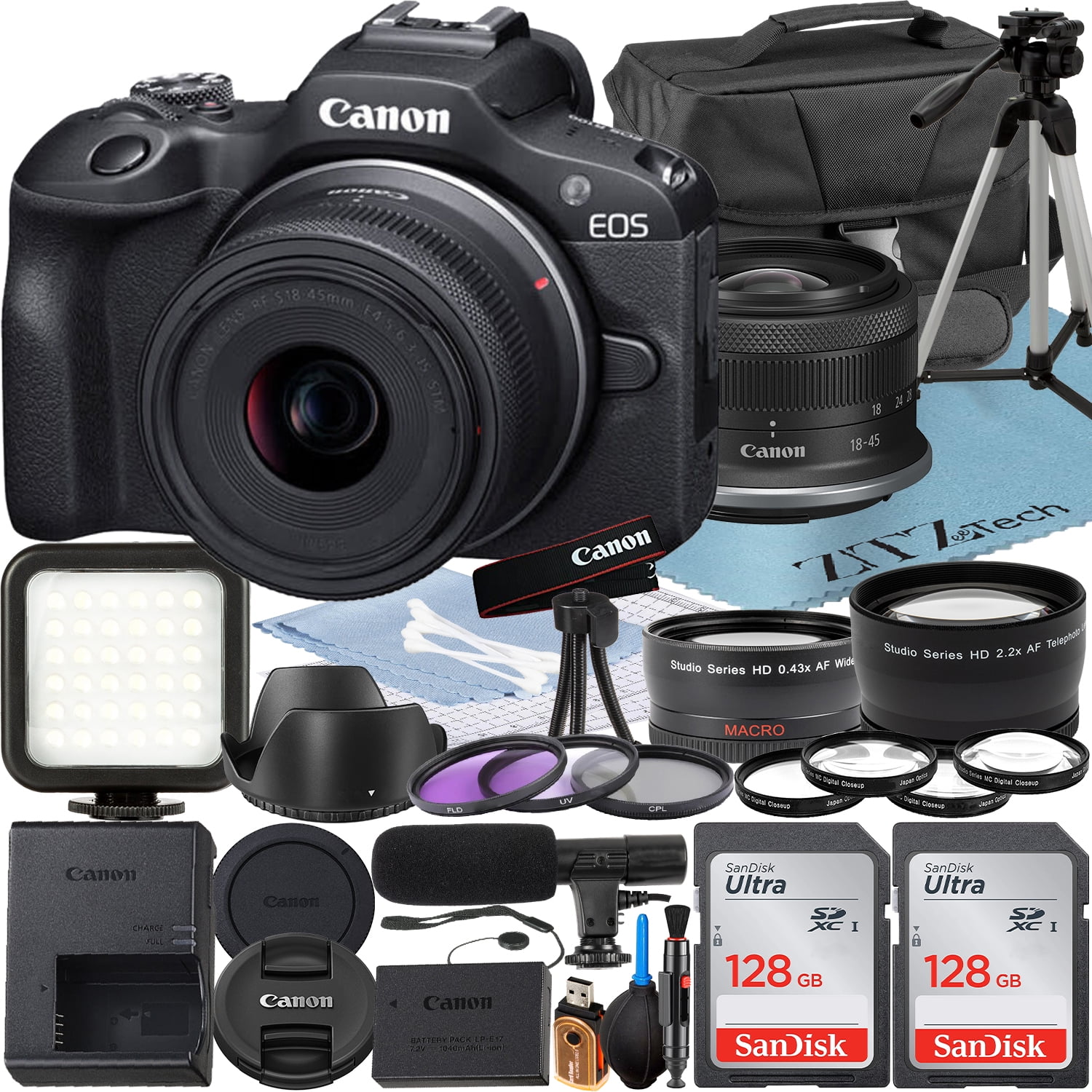 Canon EOS R100 Mirrorless Camera with RF-S 18-45mm Lens + 2 Pack SanDisk 128GB Memory Card + Case + ZeeTech Accessory