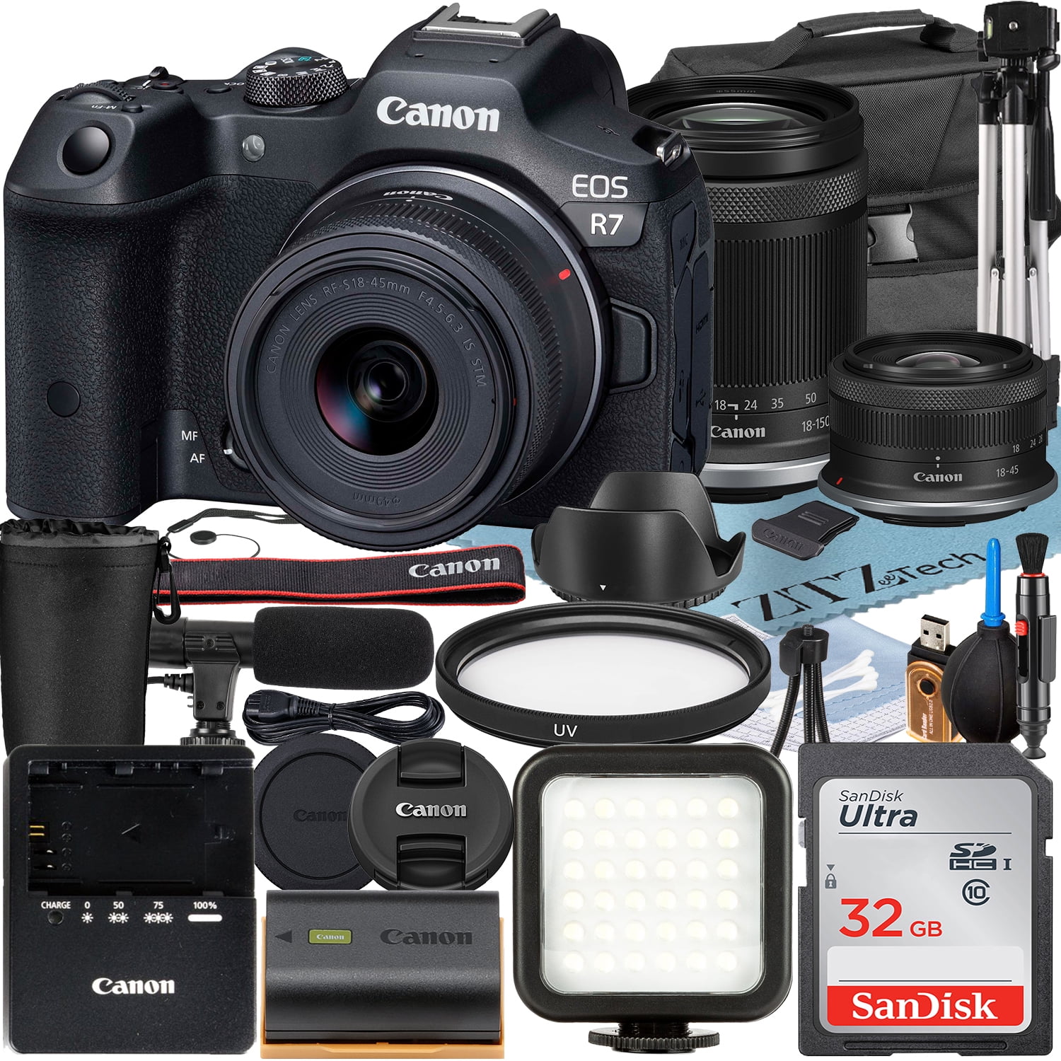 Canon EOS R7 Mirrorless Camera with RF-S 18-45mm + 18-150mm Lens + SanDisk 32GB Memory Card + Case + LED Flash + ZeeTech Accessory Bundle