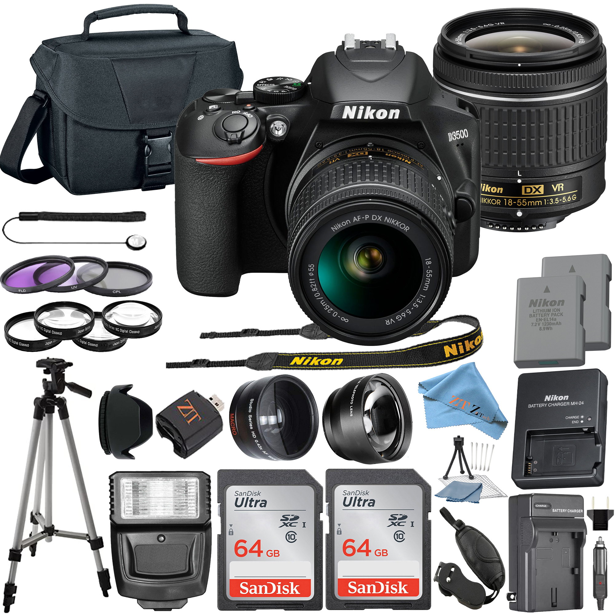 Nikon D3500 DSLR Camera with NIKKOR 18-55mm Lens + 2 Pcs SanDisk 64GB Memory + Tripod + Case + ZeeTech Kit