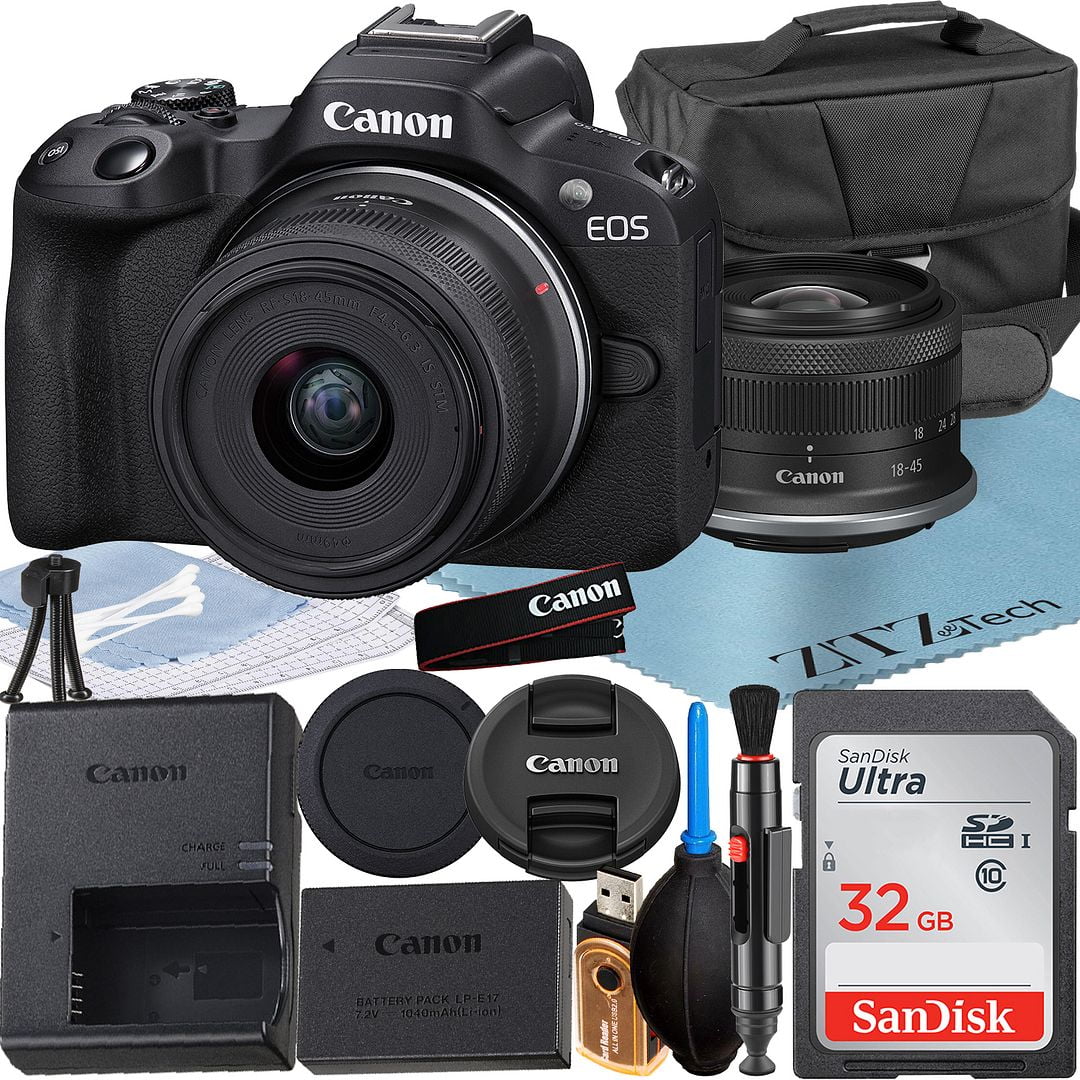 Canon EOS R50 Mirrorless Camera with RF-S 18-45mm Lens + SanDisk 32GB Memory Card + Case + ZeeTech Accessory Bundle