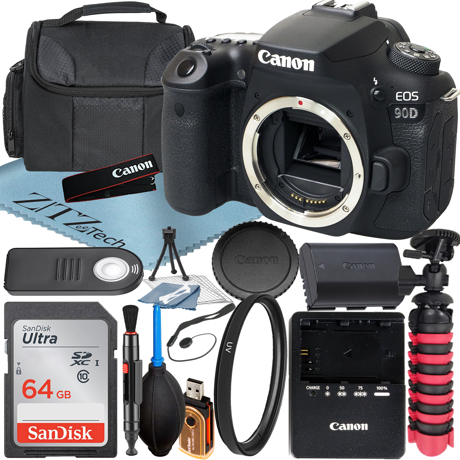 Canon EOS 90D DSLR Camera (Body Only) with 32.5MP CMOS Sensor + SanDisk 64GB Memory Card + Case + UV Filter + ZeeTech Accessory Bundle